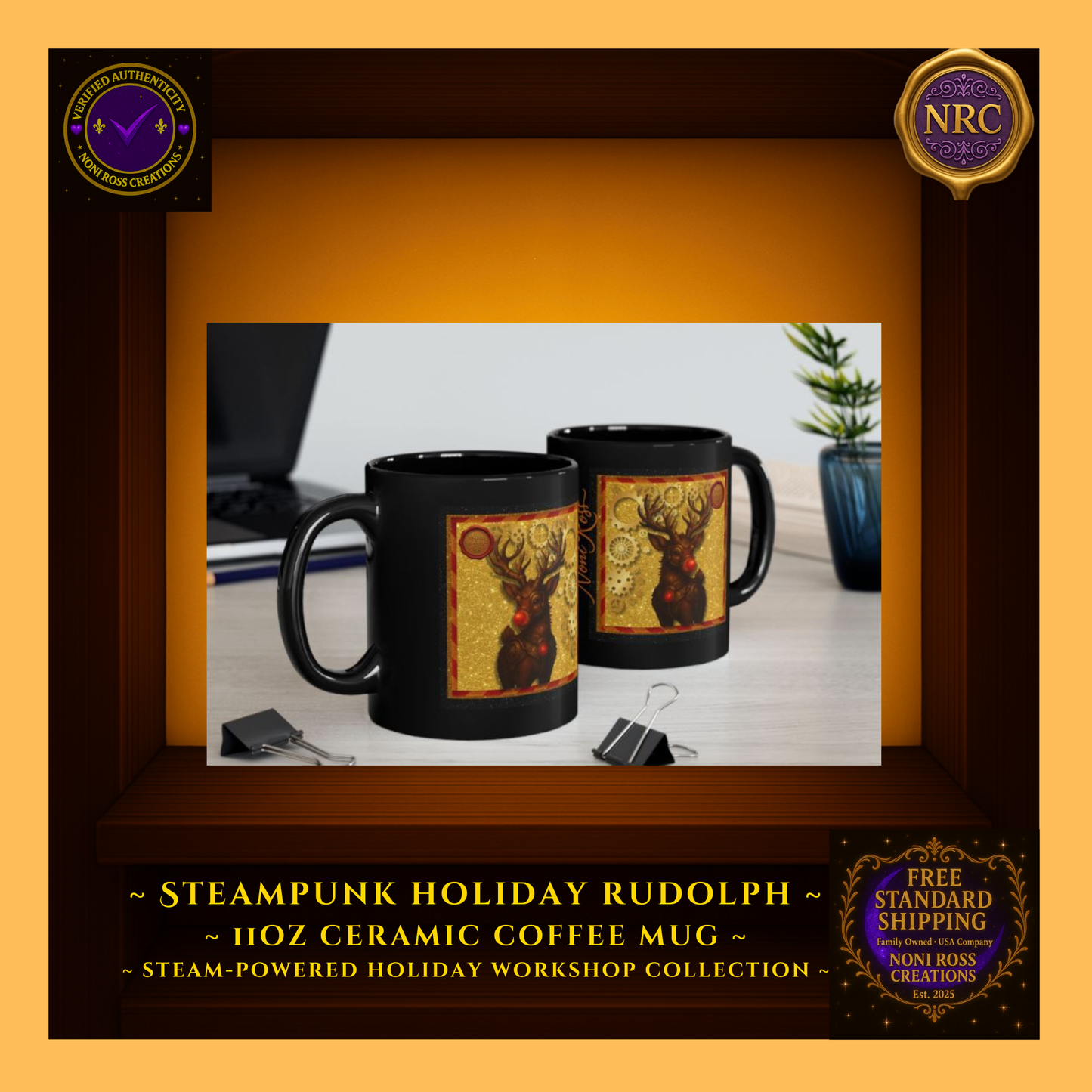 11oz Rudolph coffee mug held in hand near Christmas tree lights, showing real-life scale and warm seasonal glow.