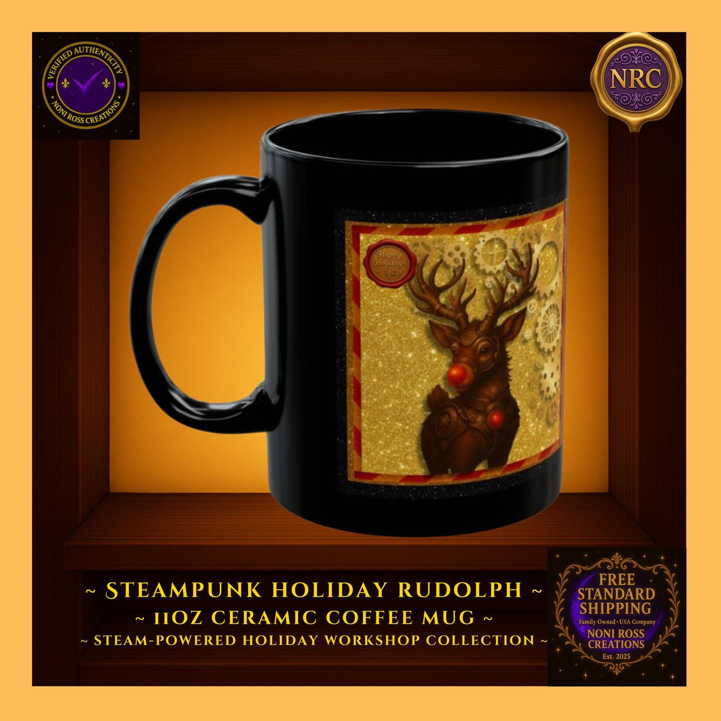 Left-side view of Rudolph 11oz mug showing wrap artwork edge and brass cog motif on glossy black ceramic.