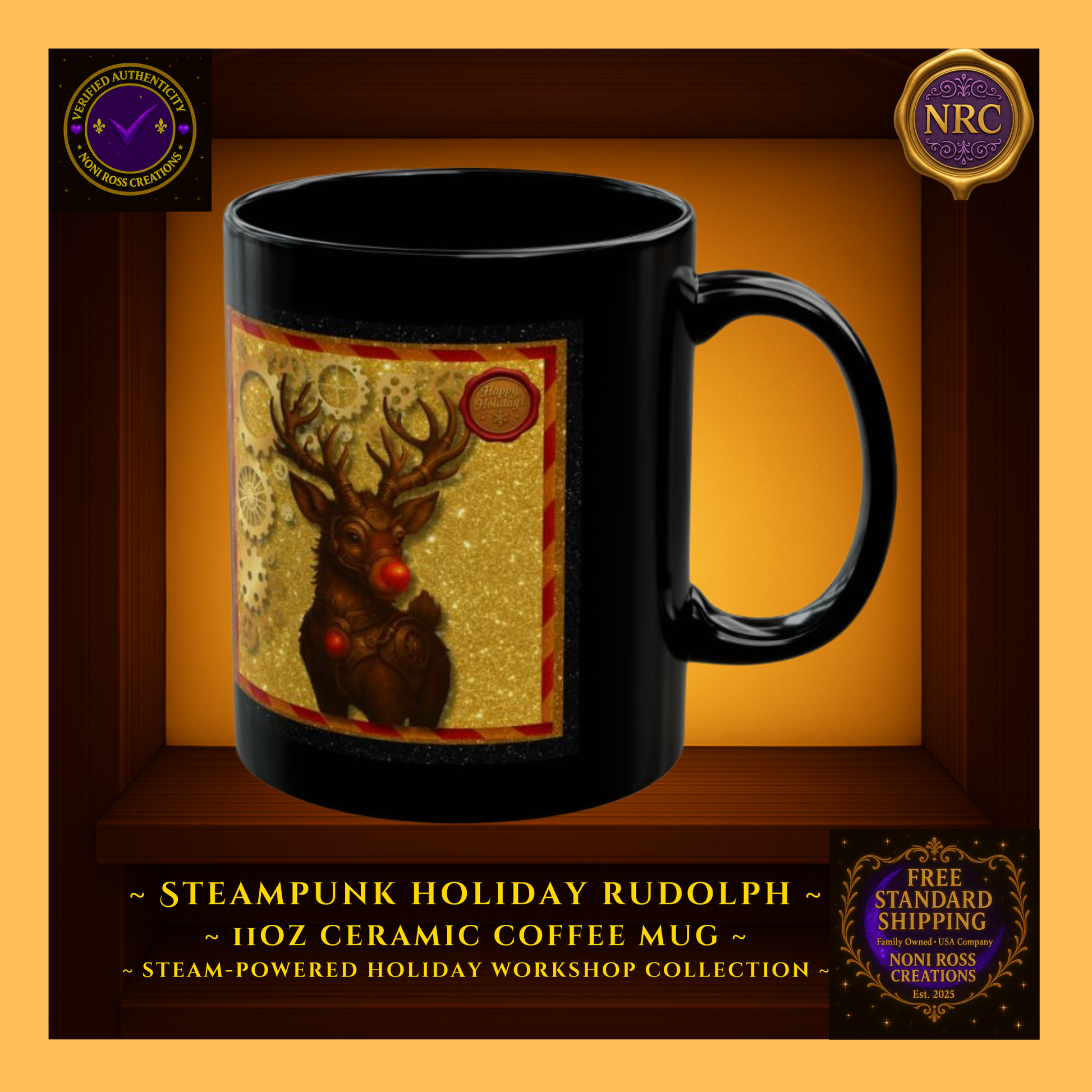Right-side profile of Rudolph mug highlighting design seam and festive red-gold tones with vintage steampunk style.