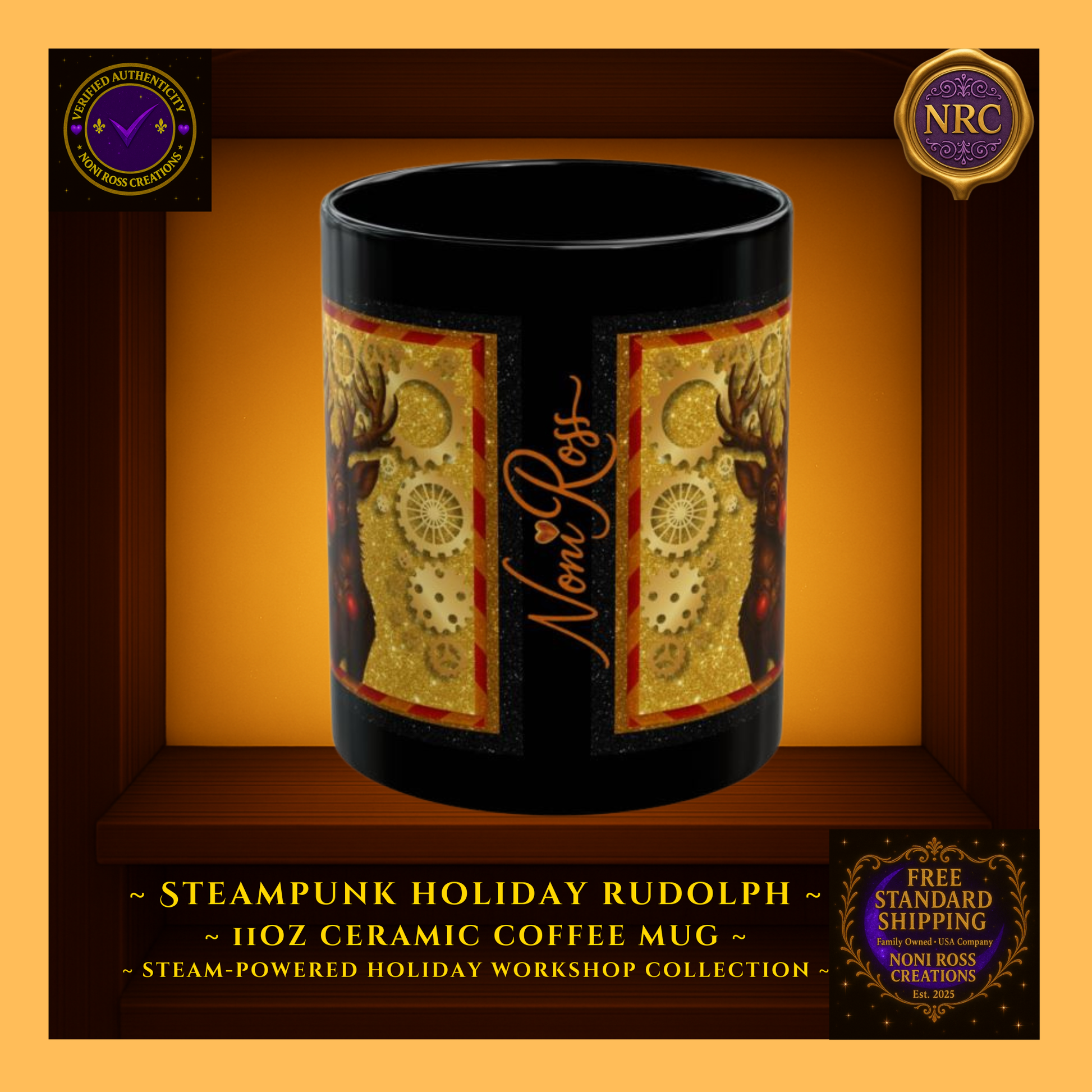 Signature side of Rudolph 11oz mug featuring Noni Ross Creations logo and gear emblem — authentic holiday edition.