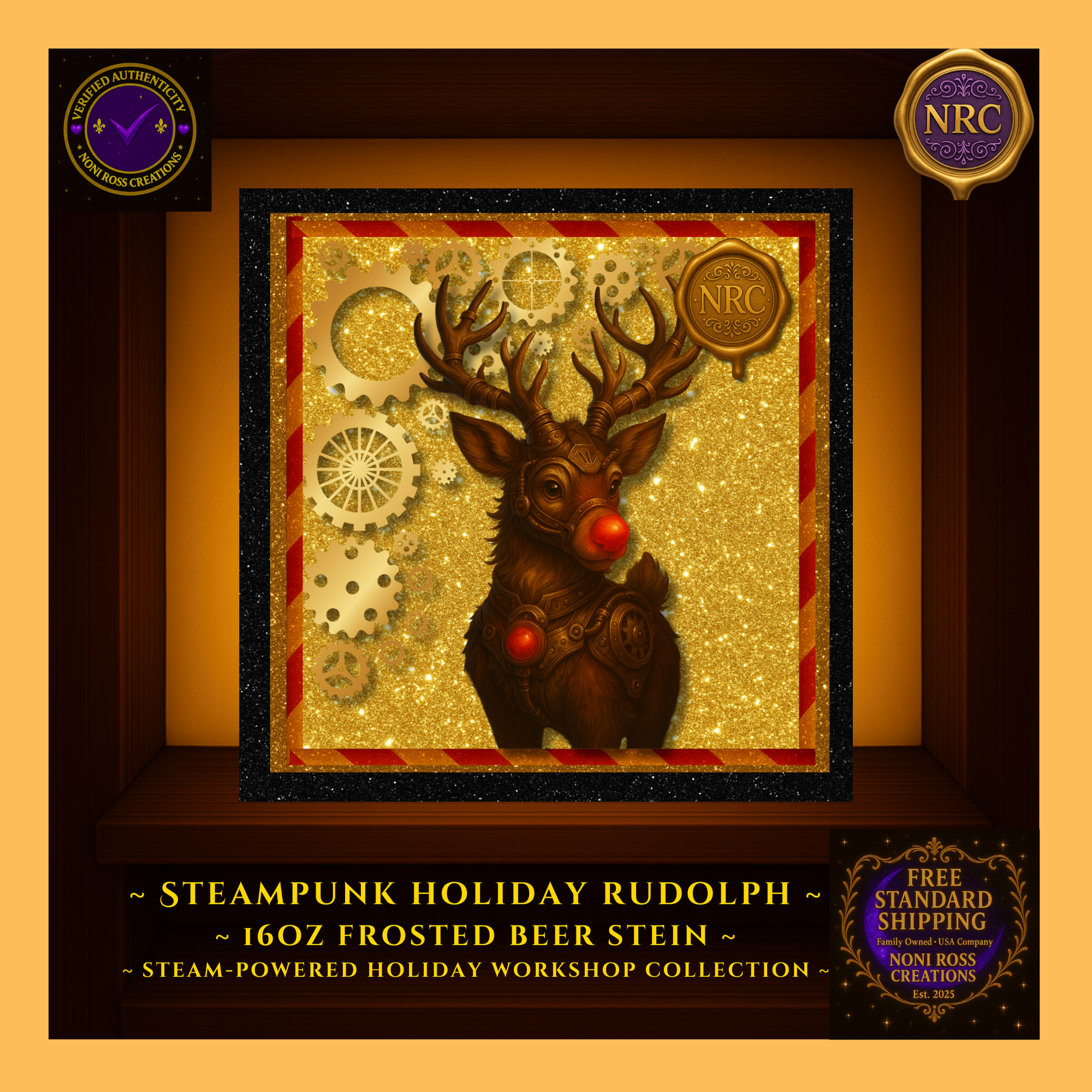 Close-up of Rudolph graphic on frosted stein with metallic gears and bright red nose; crisp print on satin glass.