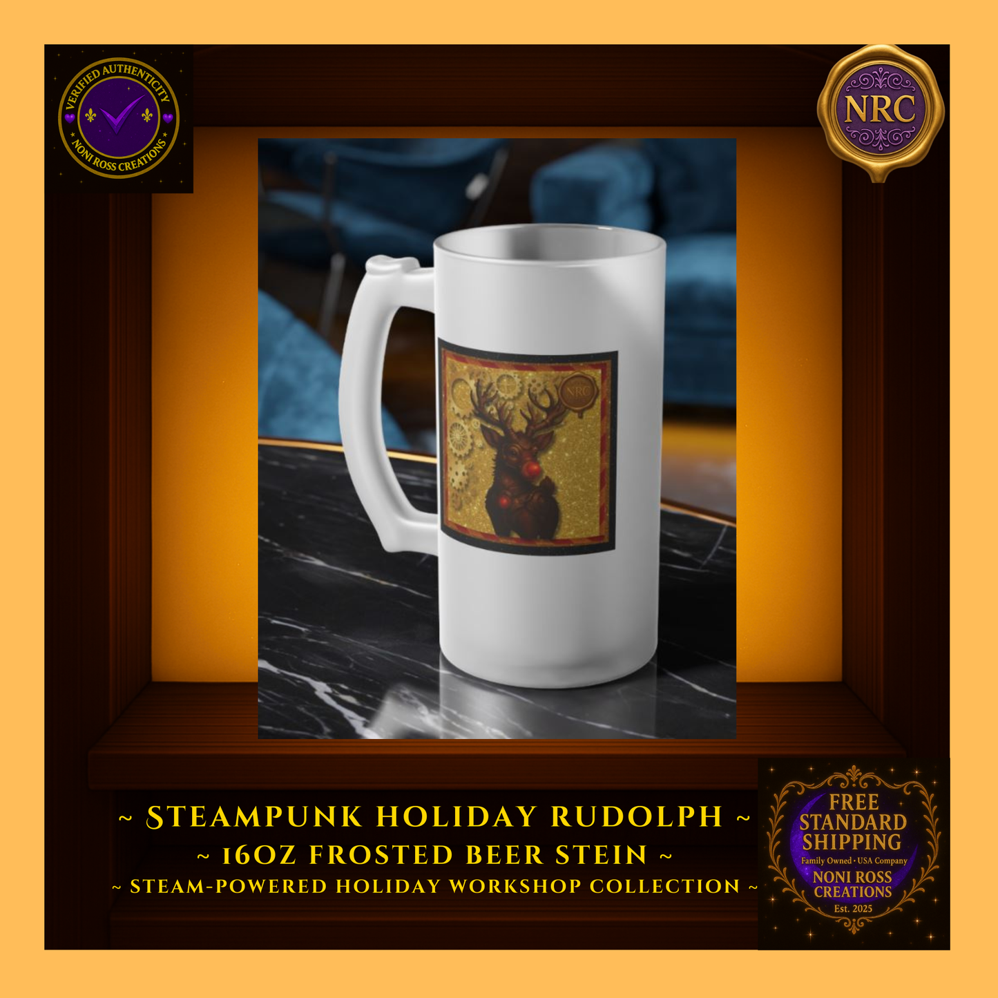 Rudolph frosted beer stein on holiday bar tray with ornaments and twinkle lights, festive party scene.