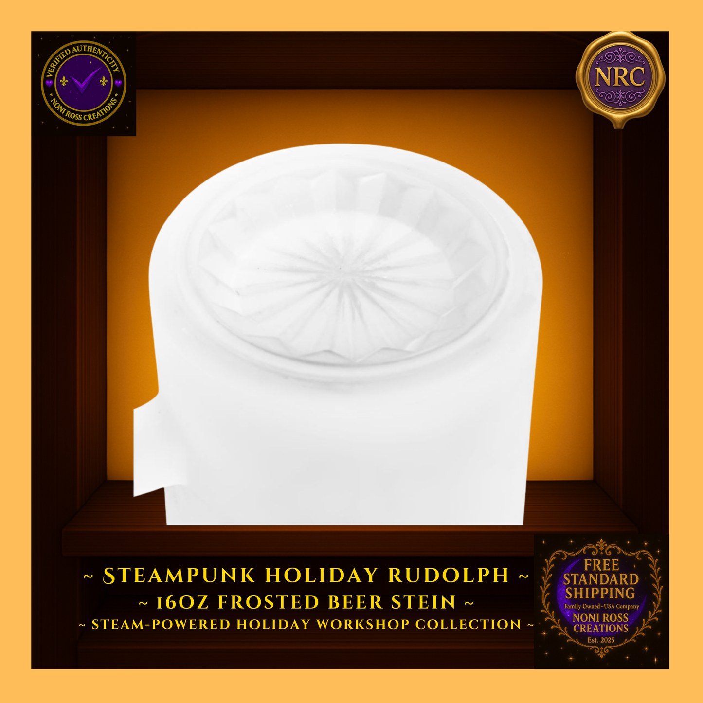 Steampunk Rudolph frosted stein in hand near tree lights, showing real-life scale and gift-ready presentation.