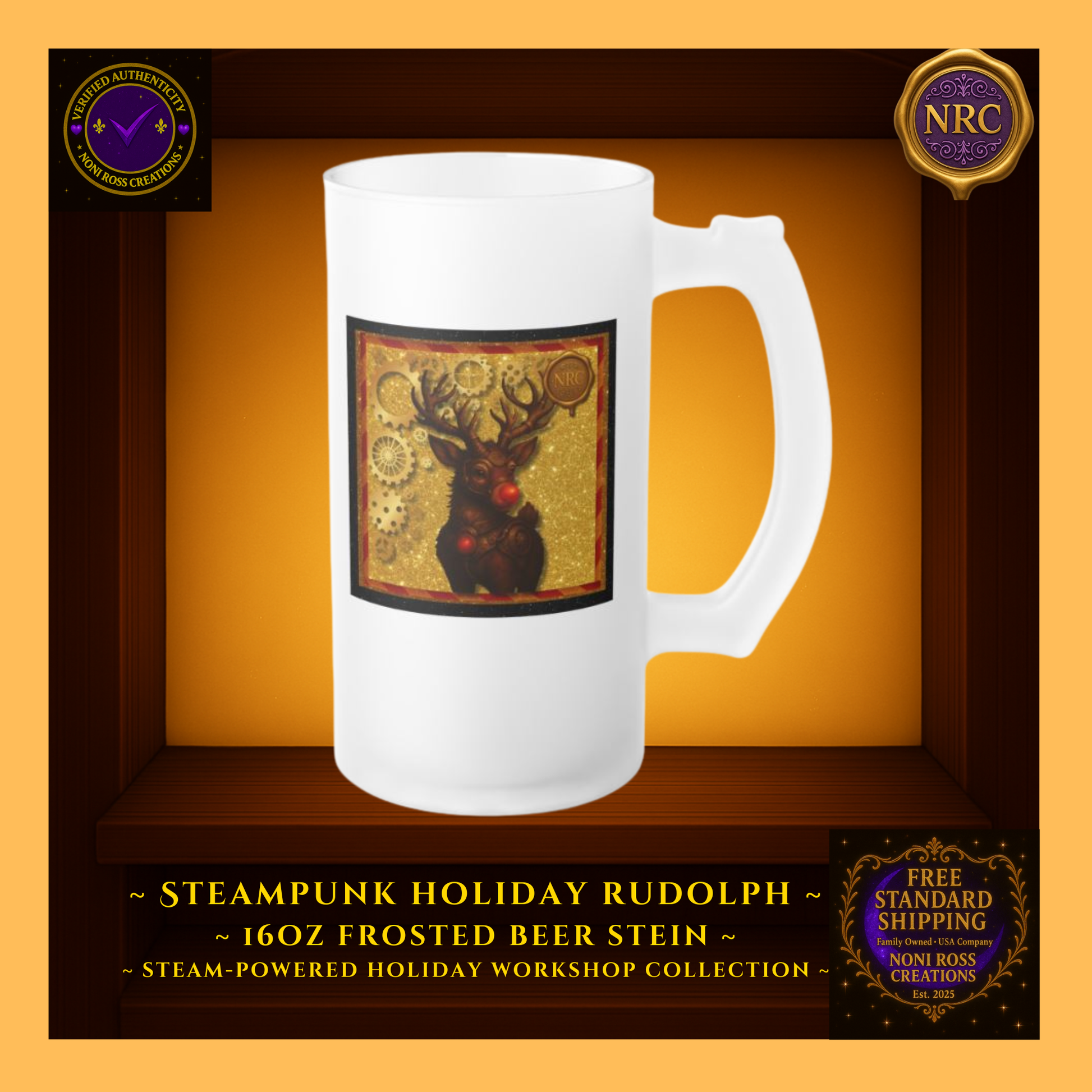 Steampunk Rudolph 16oz frosted beer stein with glowing red nose and gold gear accents — Noni Ross Creations.