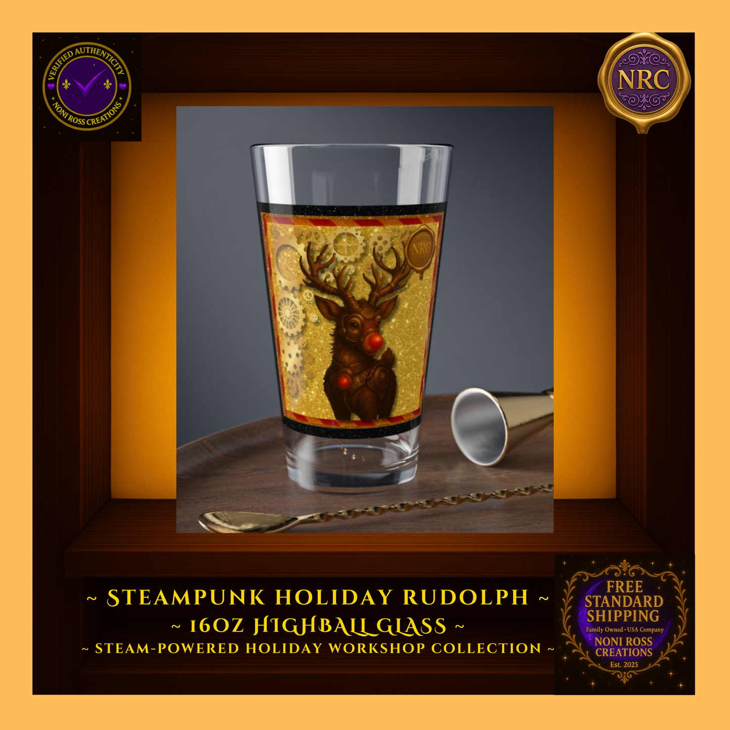 Rudolph highball glass on a holiday bar tray with ornaments and twinkle lights, cheerful party scene.