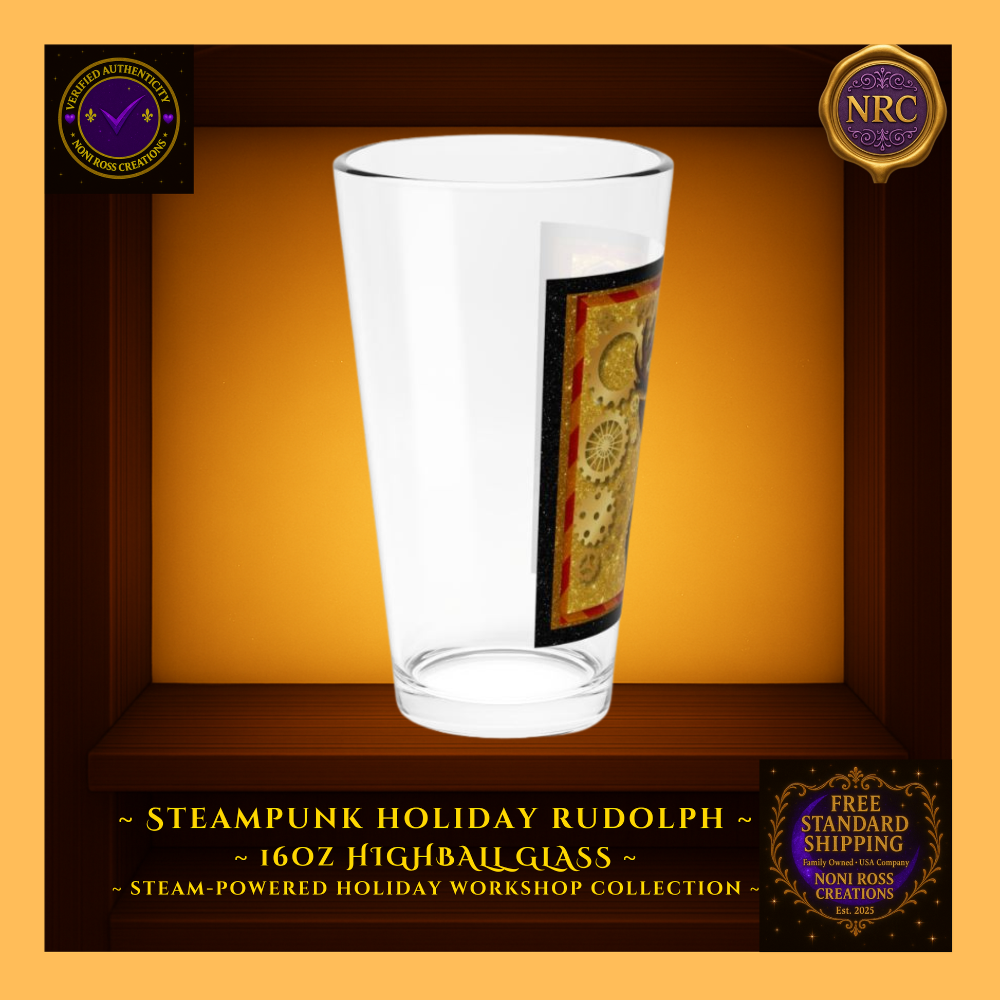 Right-side profile of 16oz highball highlighting design seam and festive red-gold steampunk tones.