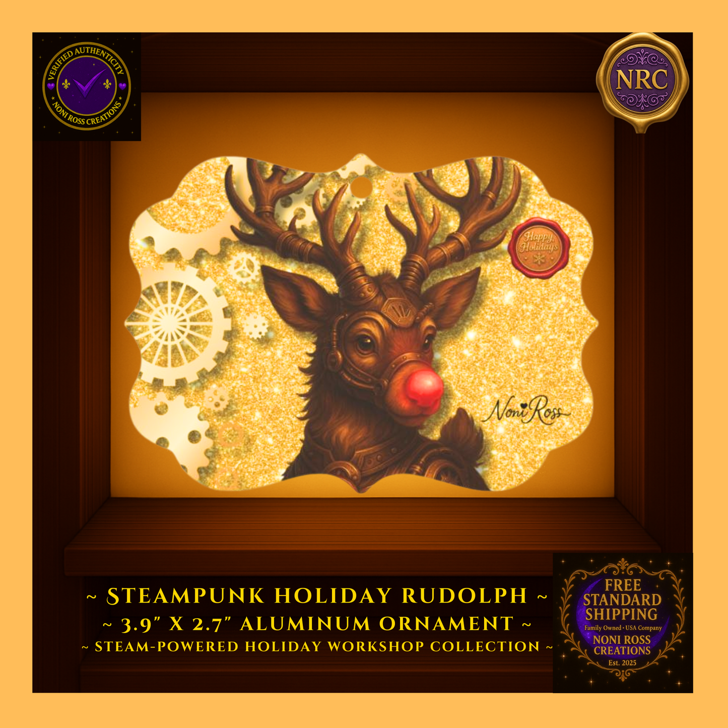 Back view of Steampunk Rudolph Metal Ornament showing glossy metallic finish with NRC logo in golden cubby.  