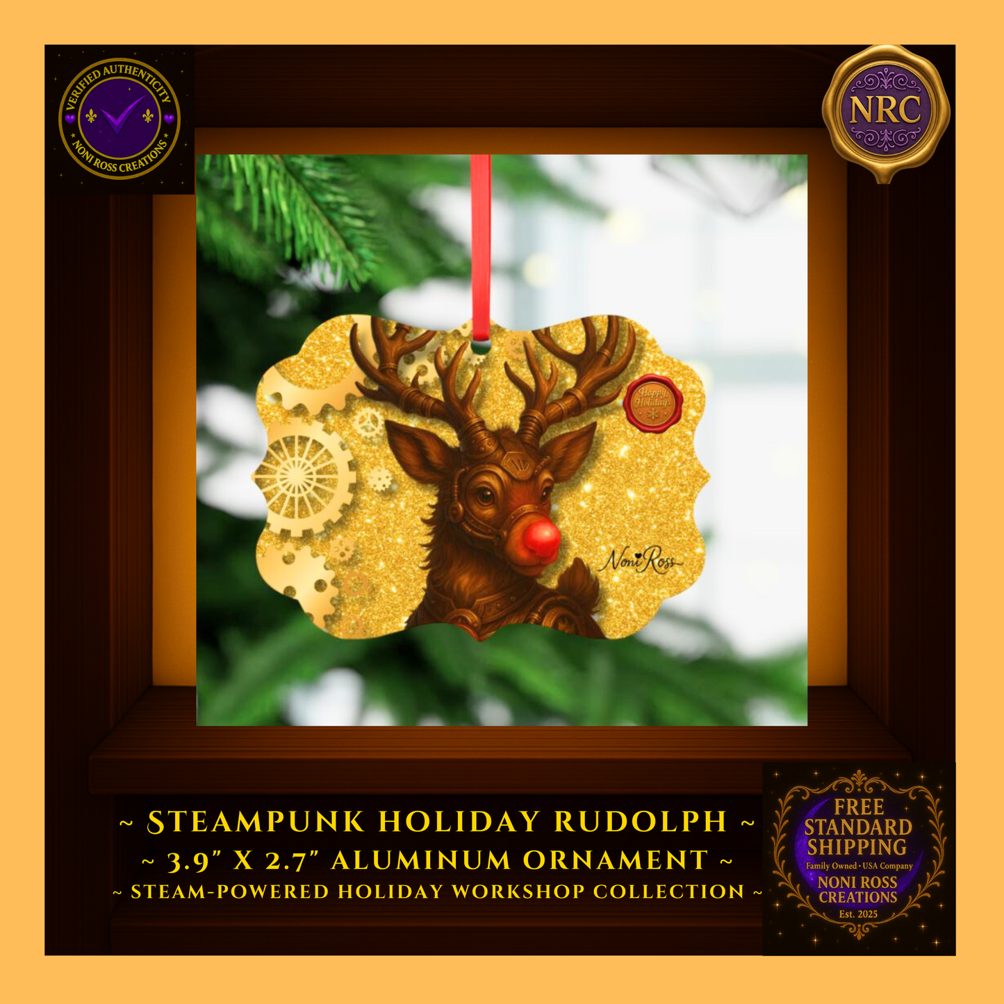  Steampunk Rudolph Metal Ornament hanging on Christmas tree with twinkling lights—Steamworks Holiday Collection by Noni Ross Creations.    