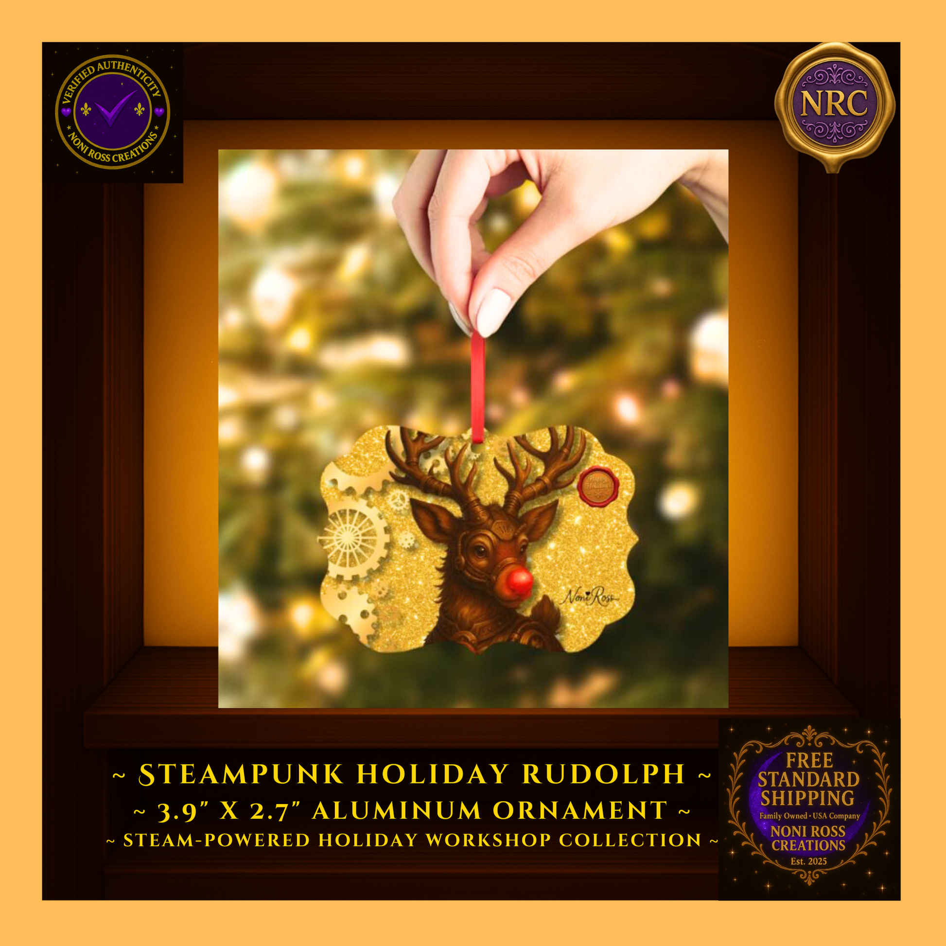  Steampunk Rudolph Metal Ornament displayed on holiday wreath with brass gears and ornaments—steampunk holiday décor by Noni Ross Creations.  