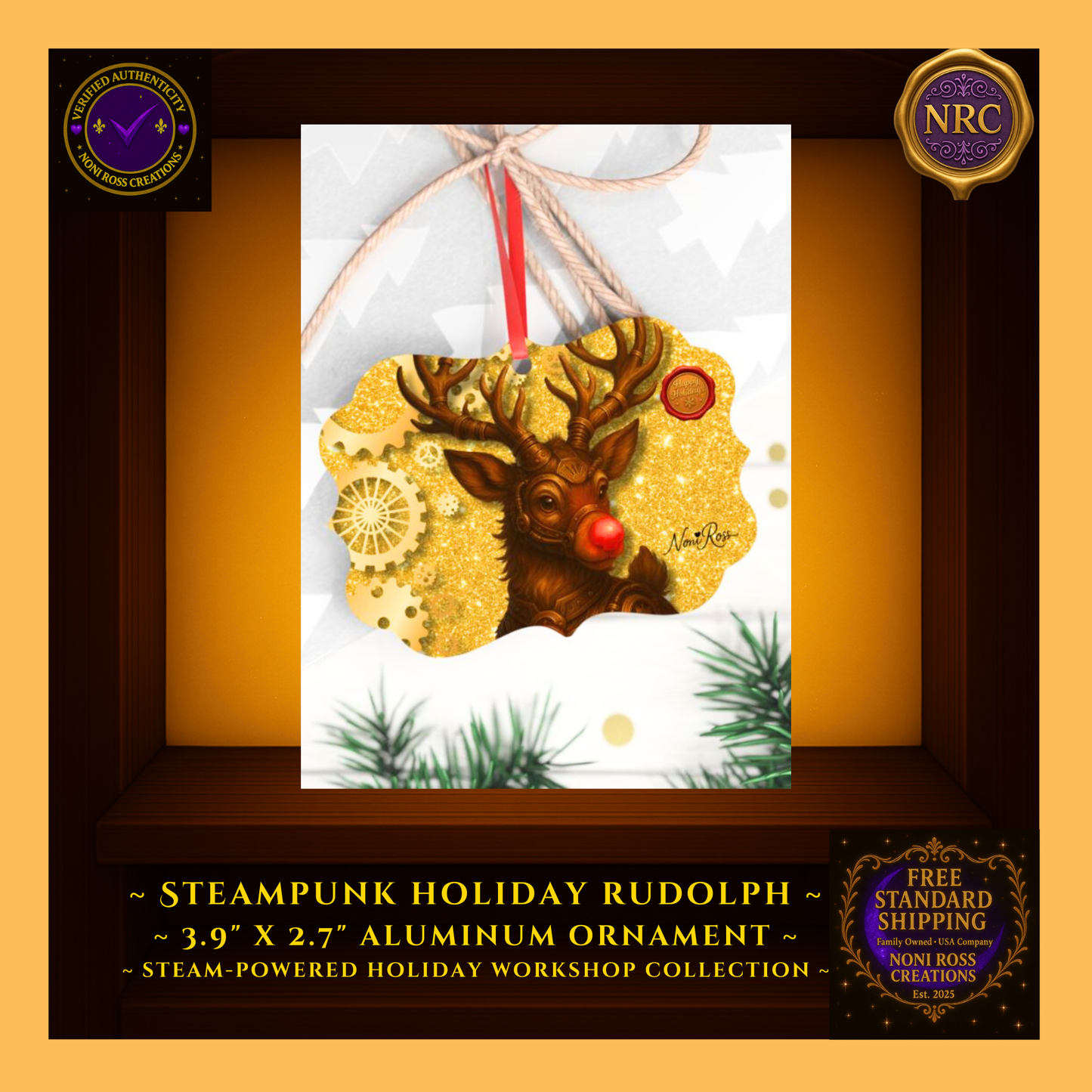  Steampunk Rudolph Metal Ornament beside Santa and Snowman ornaments in golden cubby—complete Steamworks Holiday Collection display.