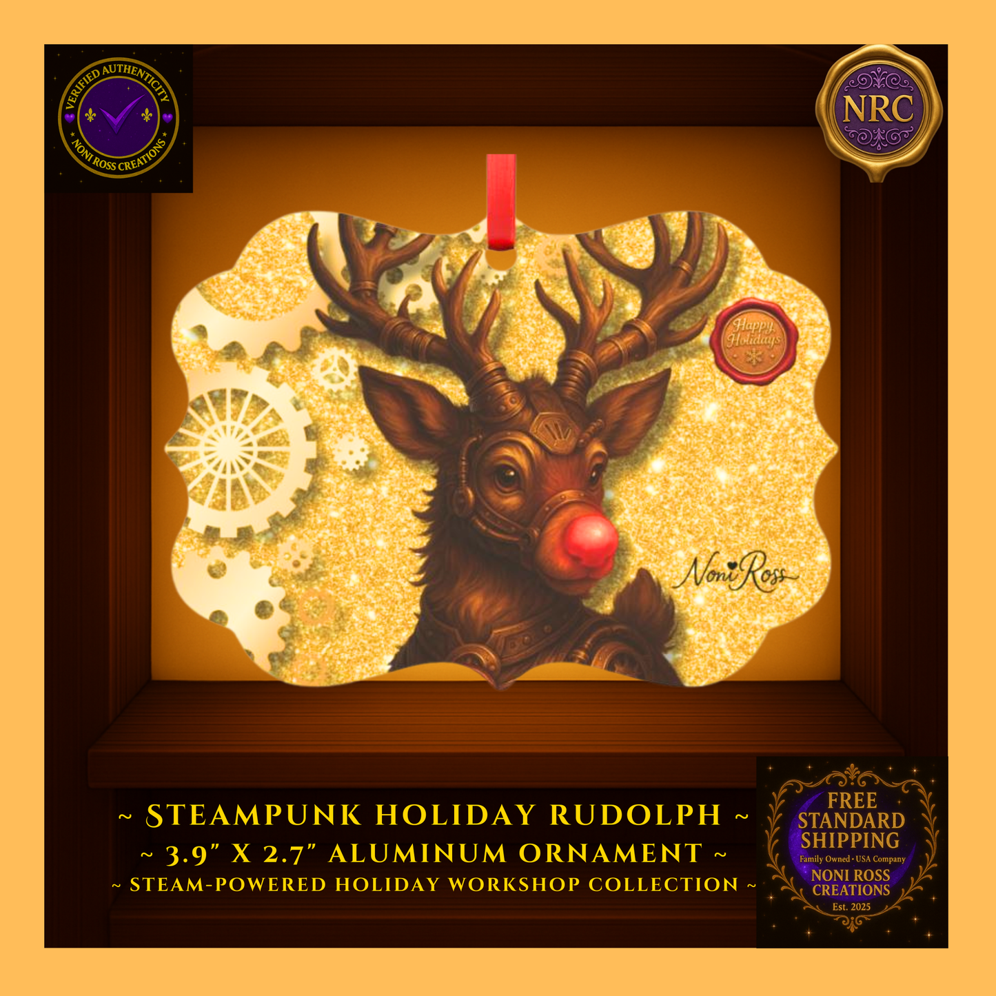 Steampunk Rudolph Metal Ornament displayed in golden cubby—steampunk reindeer design with brass antlers, gears, and glowing red nose, Noni Ross Creations. 