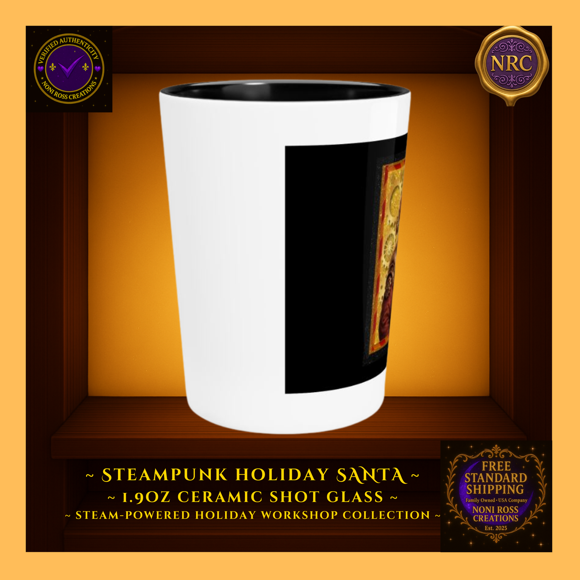 Left-side view of 1.9oz Santa ceramic shot glass showing gear motif and crisp wrap detail on glossy finish.