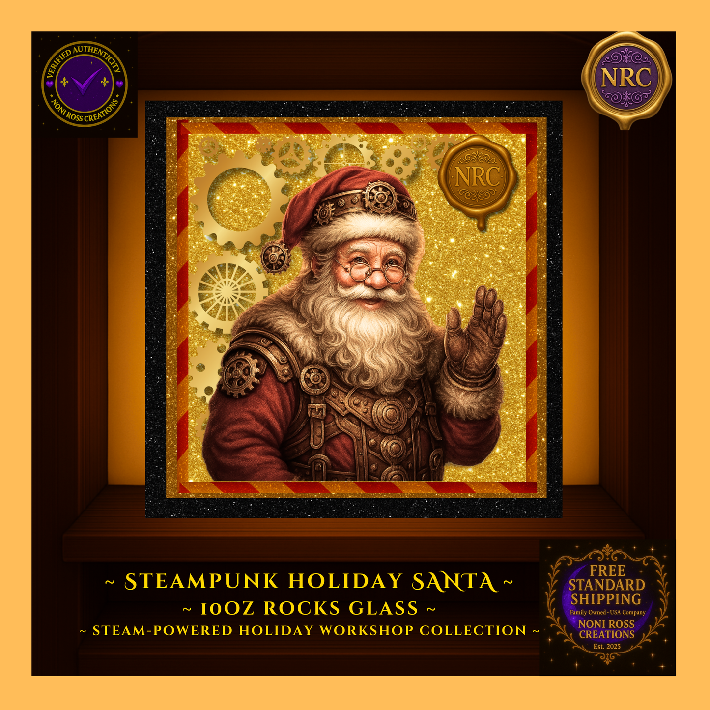 Close-up of Santa design on 10 oz rocks glass showing metallic gears, red accents, and crisp print on clear glass surface.