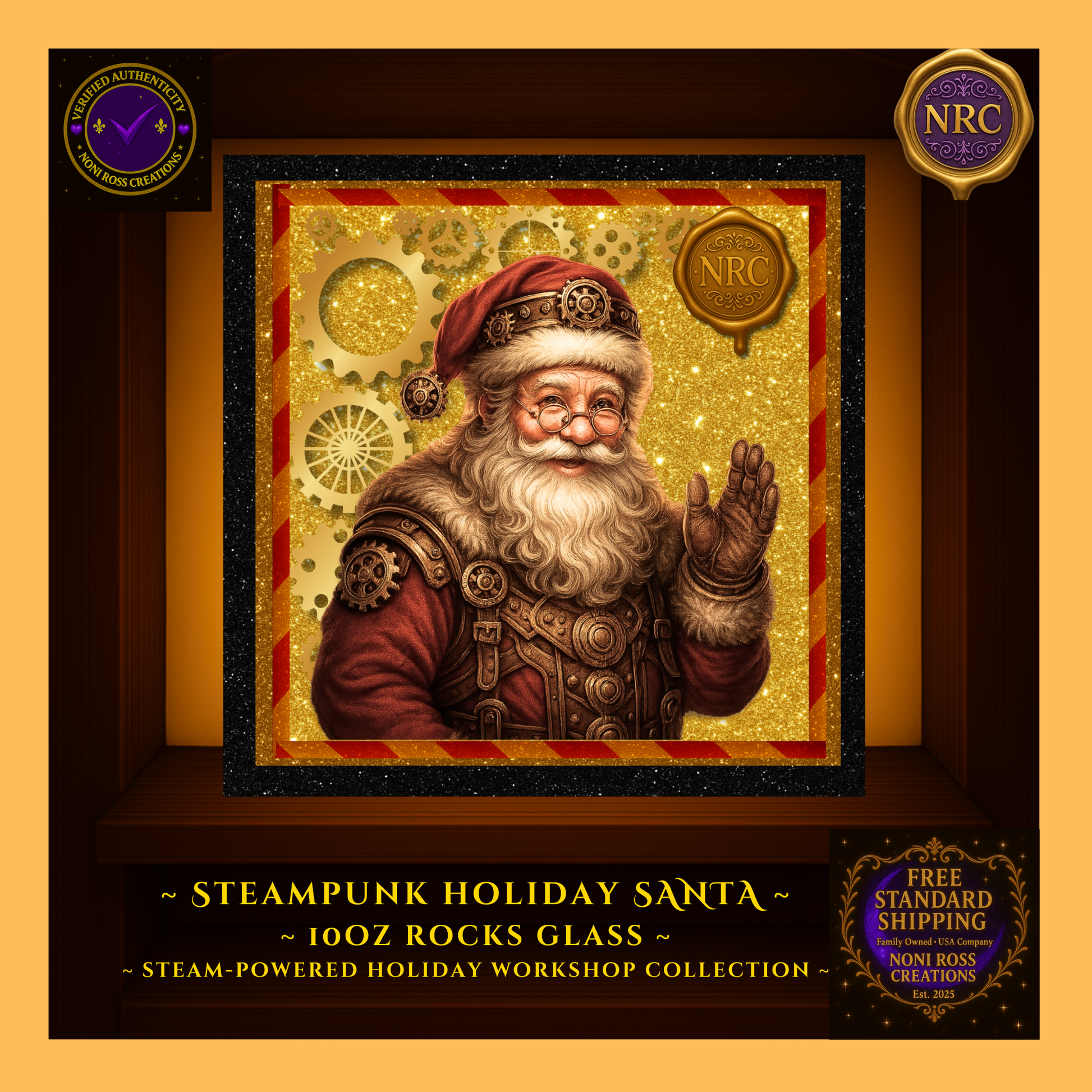 Close-up of Santa design on 10 oz rocks glass showing metallic gears, red accents, and crisp print on clear glass surface.