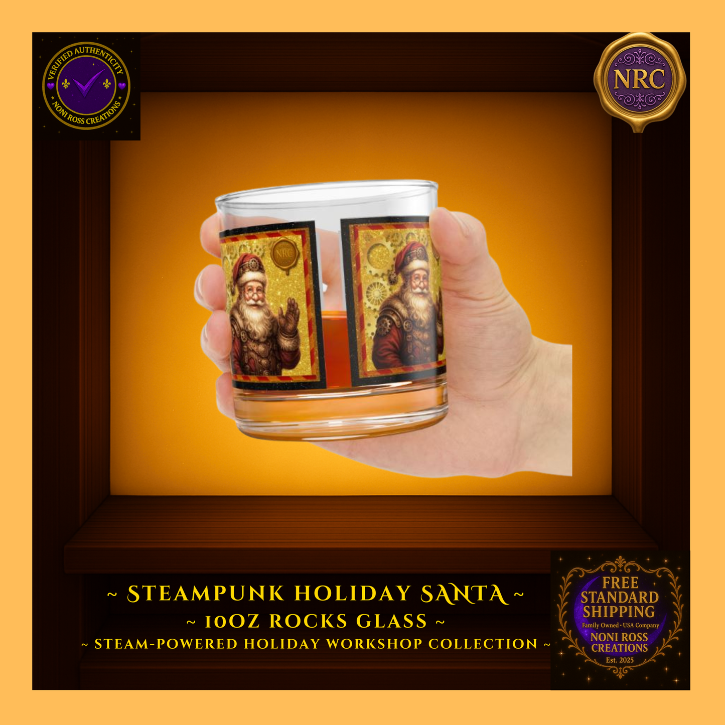 Steampunk Santa rocks glass styled on wooden tray with cocoa and cookies, gift-ready holiday display.