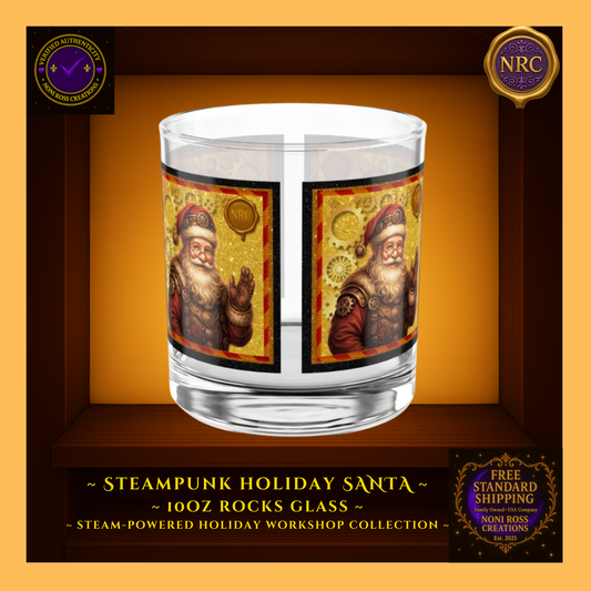 Steampunk Santa 10 oz rocks glass with gold gear details and vintage holiday artwork — part of the Steam-Powered Holiday Workshop by Noni Ross Creations.