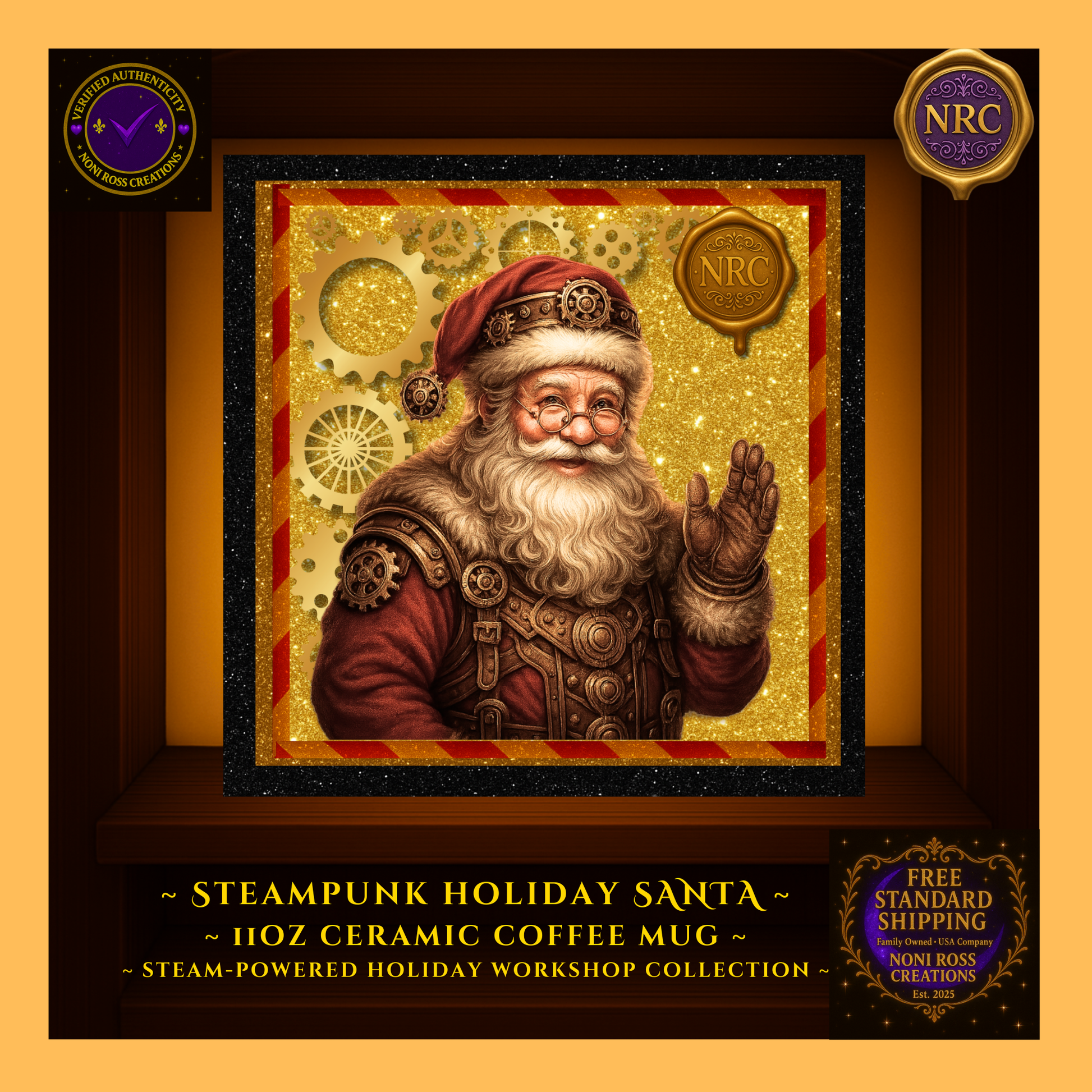 Close-up of Steampunk Santa artwork with brass gears and red accents on glossy ceramic surface, crisp print detail visible.