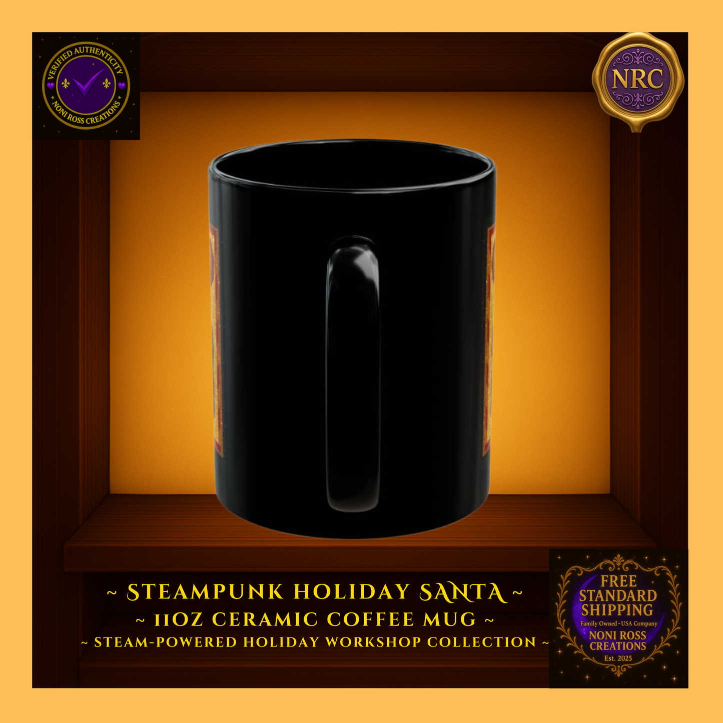 Handle view of Santa ceramic mug showing comfortable curved grip and edge of steampunk artwork.