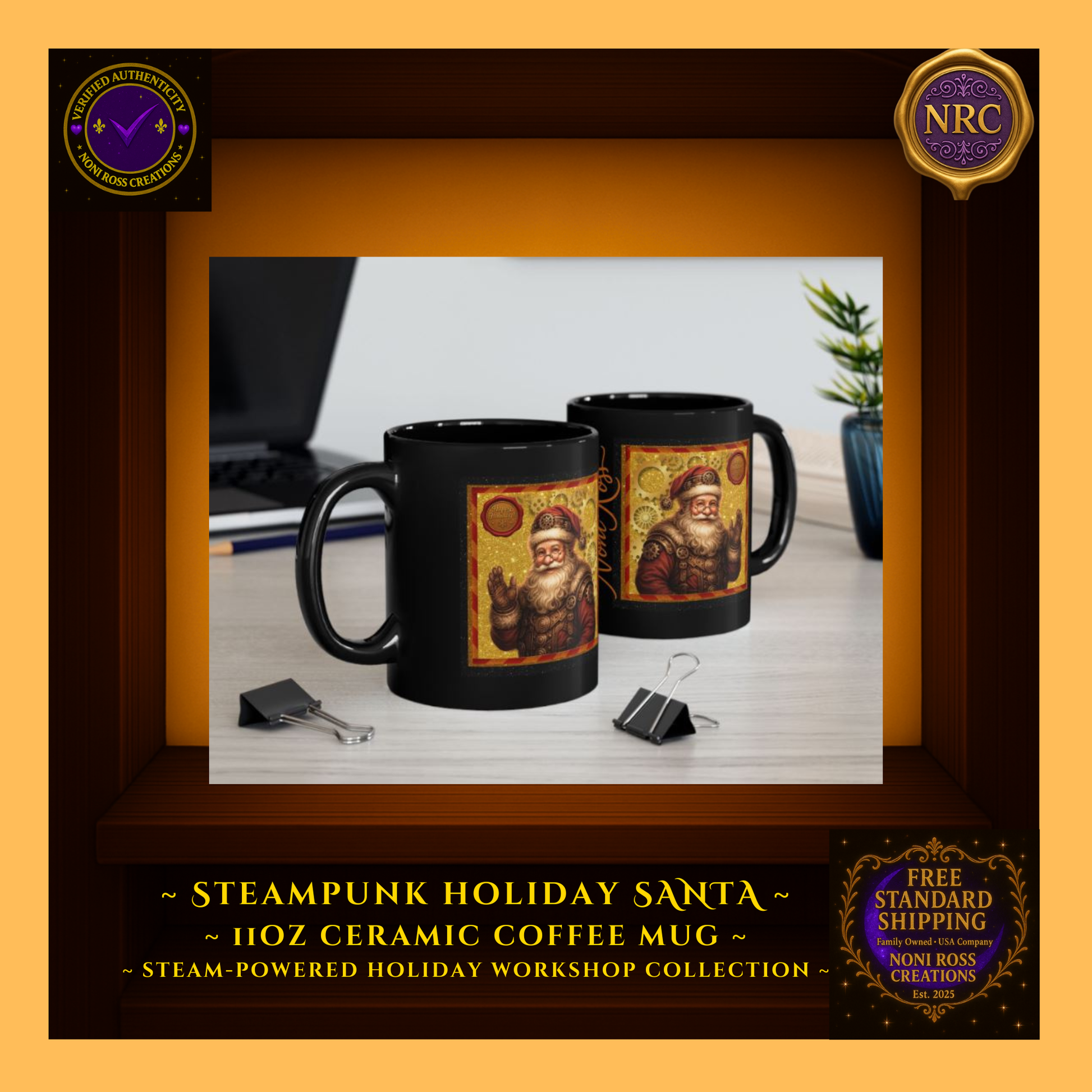 11oz Santa coffee mug held in hand near Christmas tree lights, showing real-life scale and festive glow.