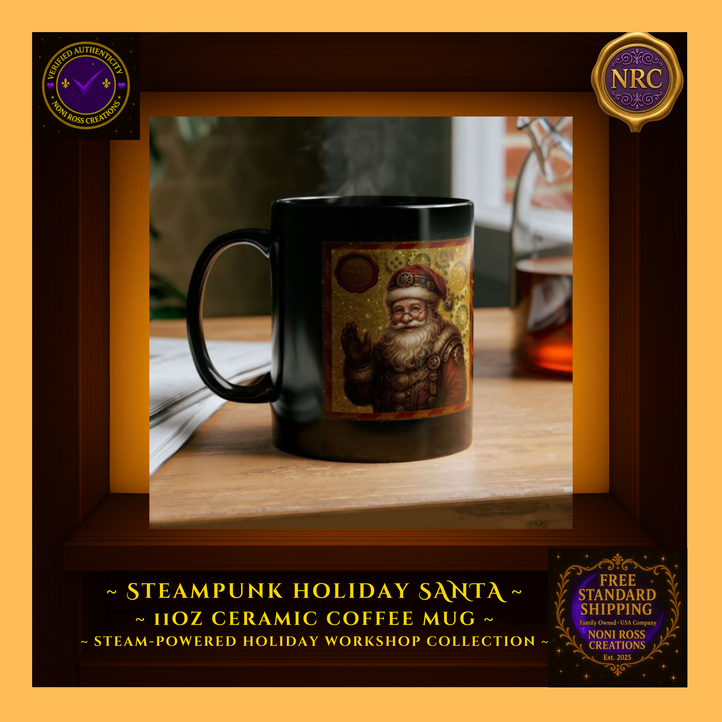 Steampunk Santa mug on holiday tray with books, pine branches, and twinkle lights — gift-ready Christmas morning scene.