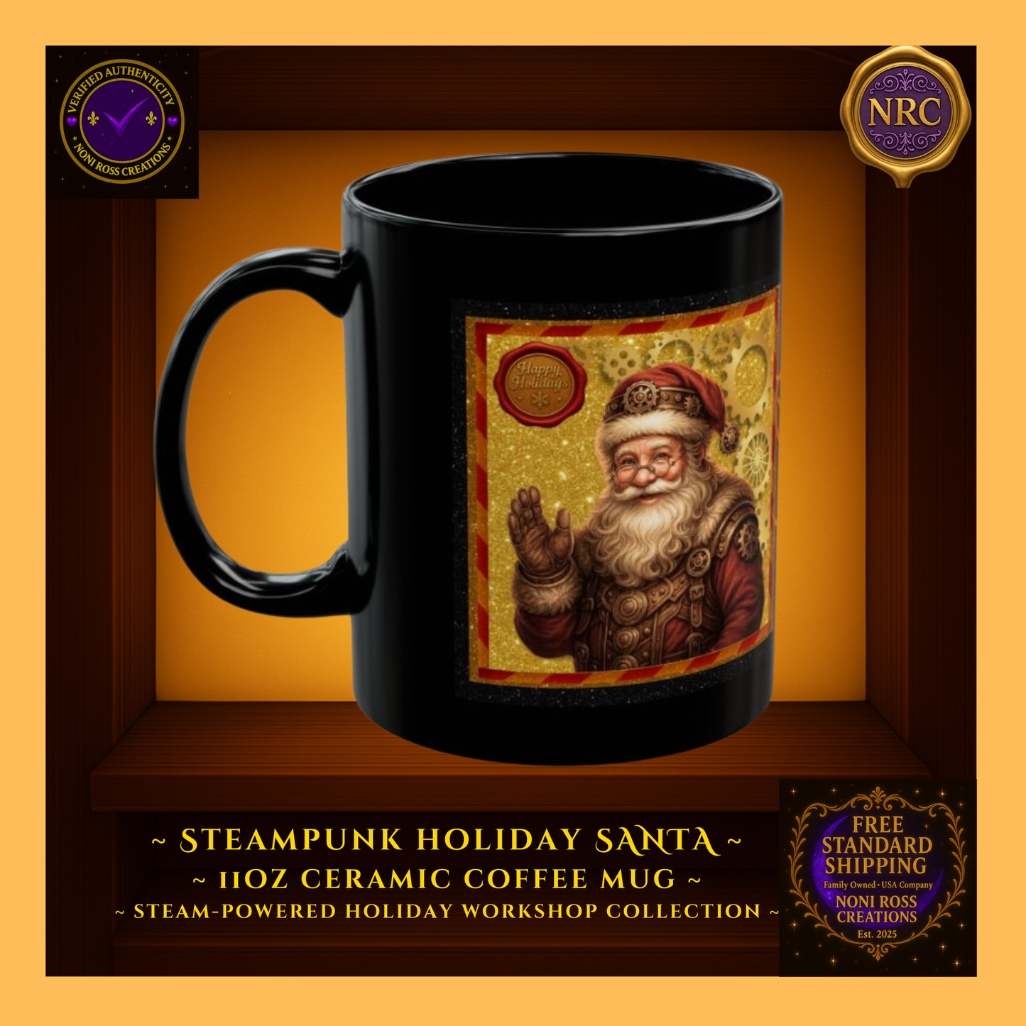 Left-side view of Santa 11oz ceramic mug showing golden cog details and warm steampunk glow on smooth glossy surface.