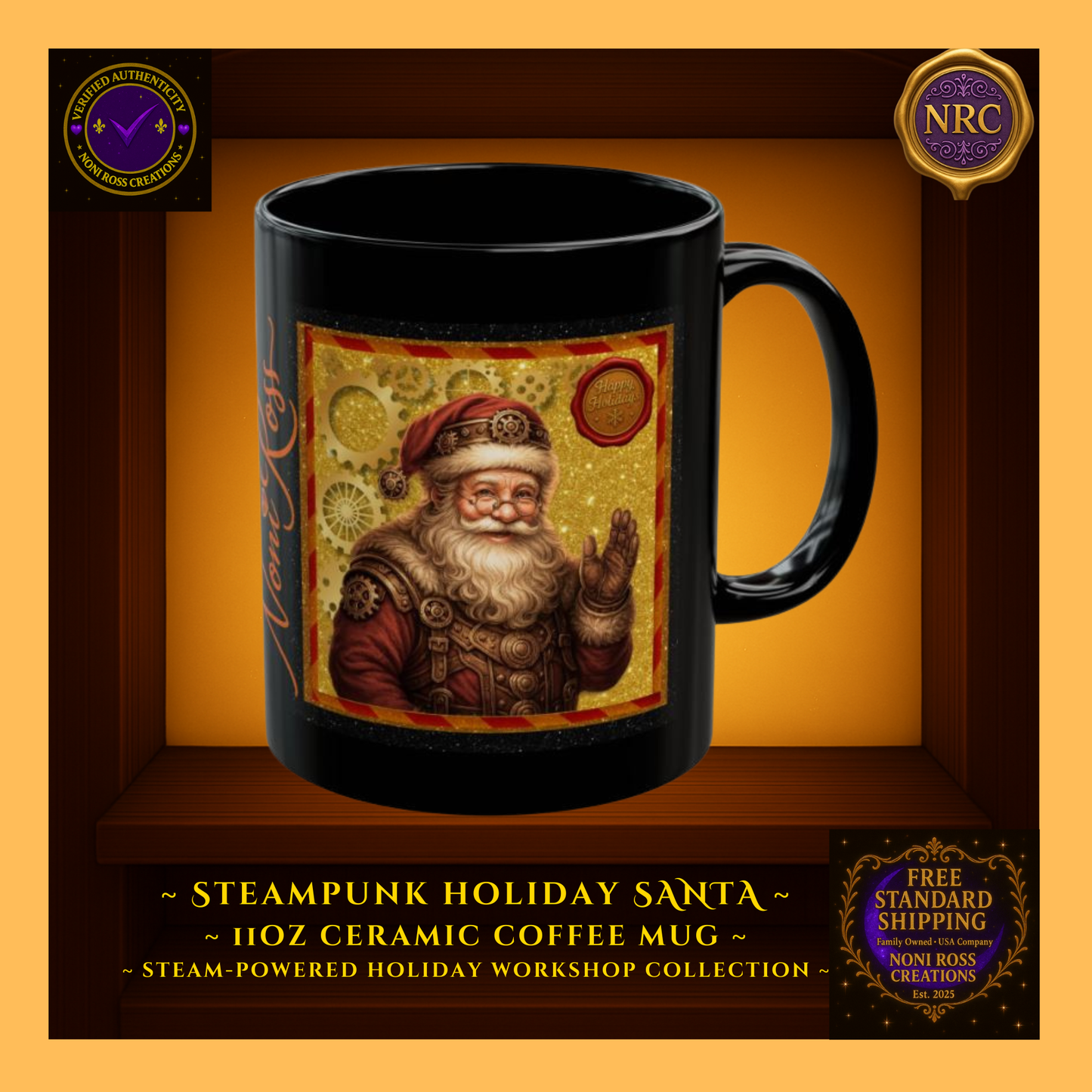 Steampunk Santa 11oz ceramic coffee mug with brass gear accents and vintage holiday artwork — Steam-Powered Holiday Workshop by Noni Ross Creations.