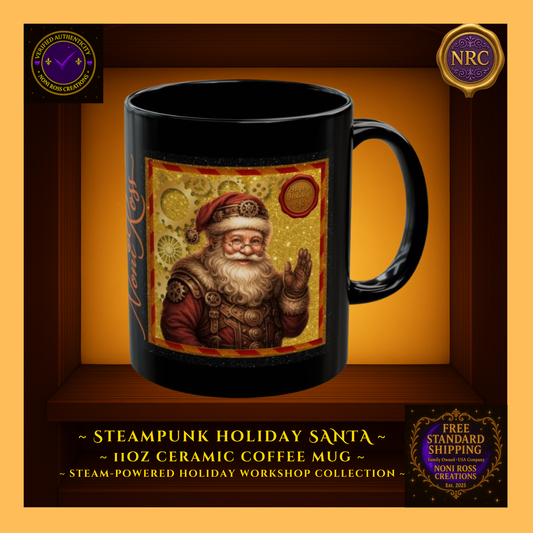 Steampunk Santa 11oz ceramic coffee mug with brass gear accents and vintage holiday artwork — Steam-Powered Holiday Workshop by Noni Ross Creations.