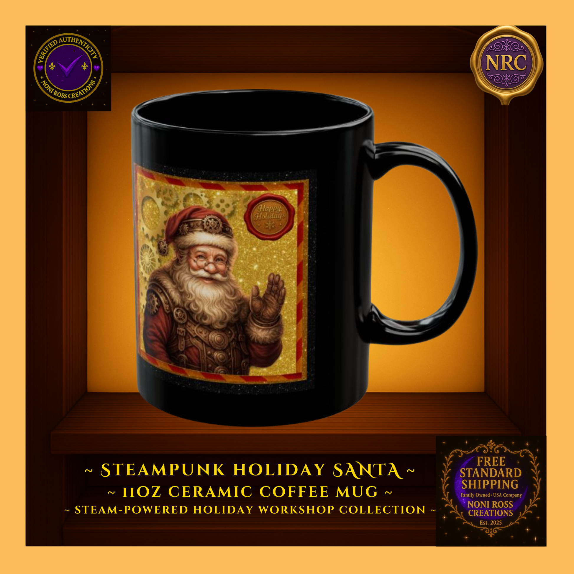 Right-side profile of Steampunk Santa mug highlighting wraparound design with red and gold festive tones.