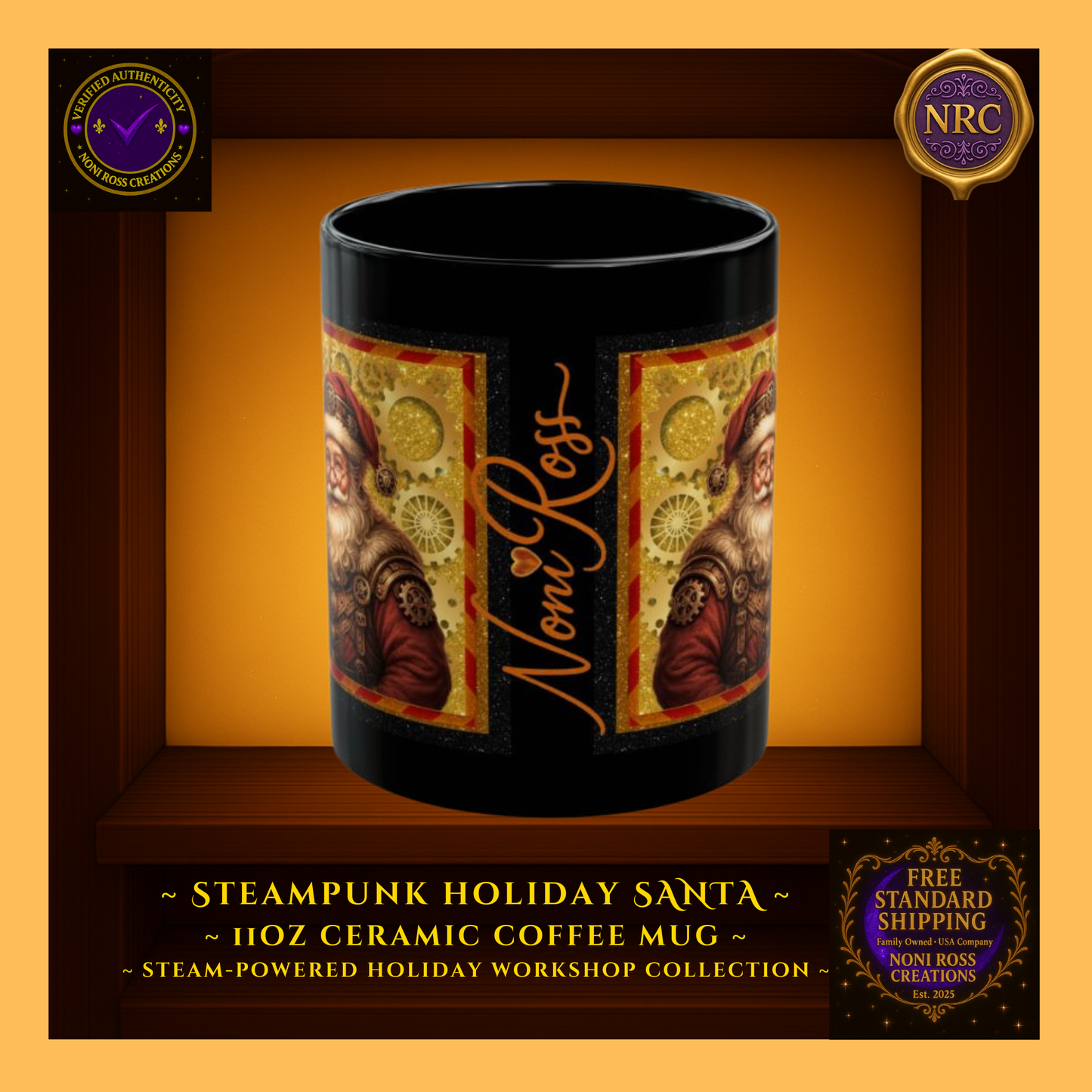 Signature side of Santa 11oz mug featuring Noni Ross Creations logo and gear motif — authentic Steam-Powered Holiday Workshop edition.