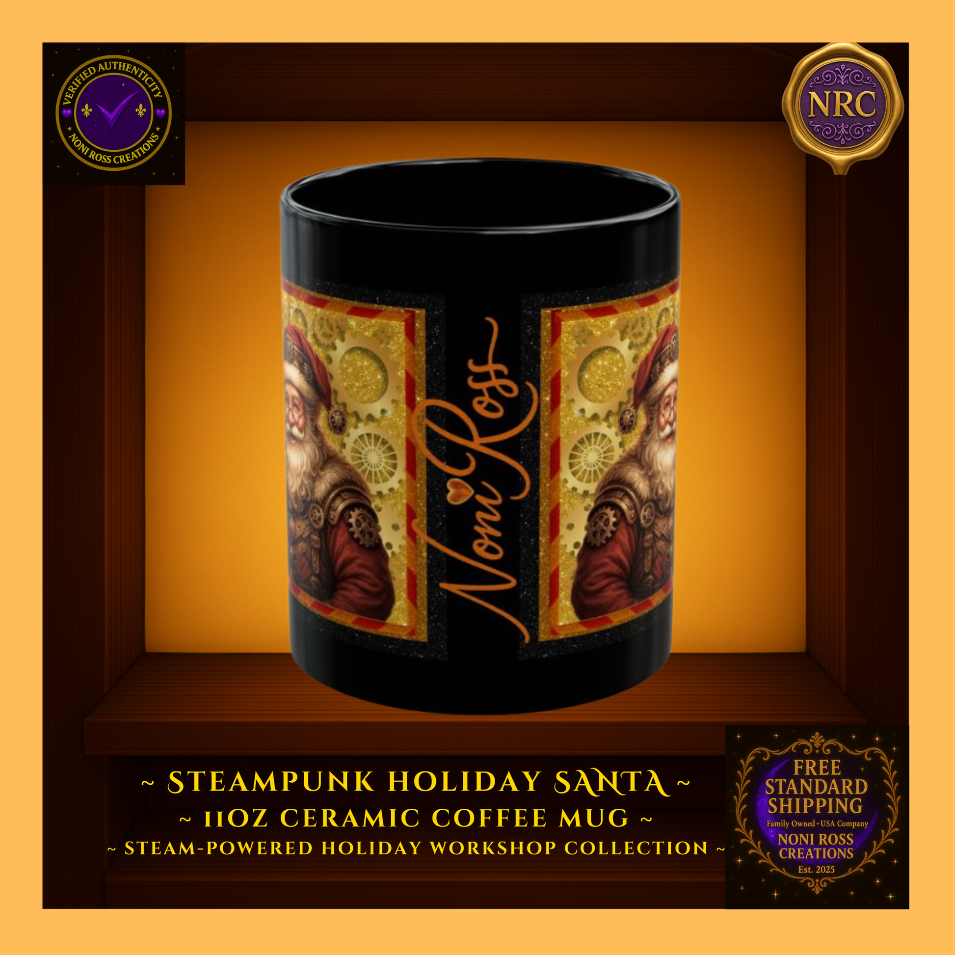 Signature side of Santa 11oz mug featuring Noni Ross Creations logo and gear motif — authentic Steam-Powered Holiday Workshop edition.