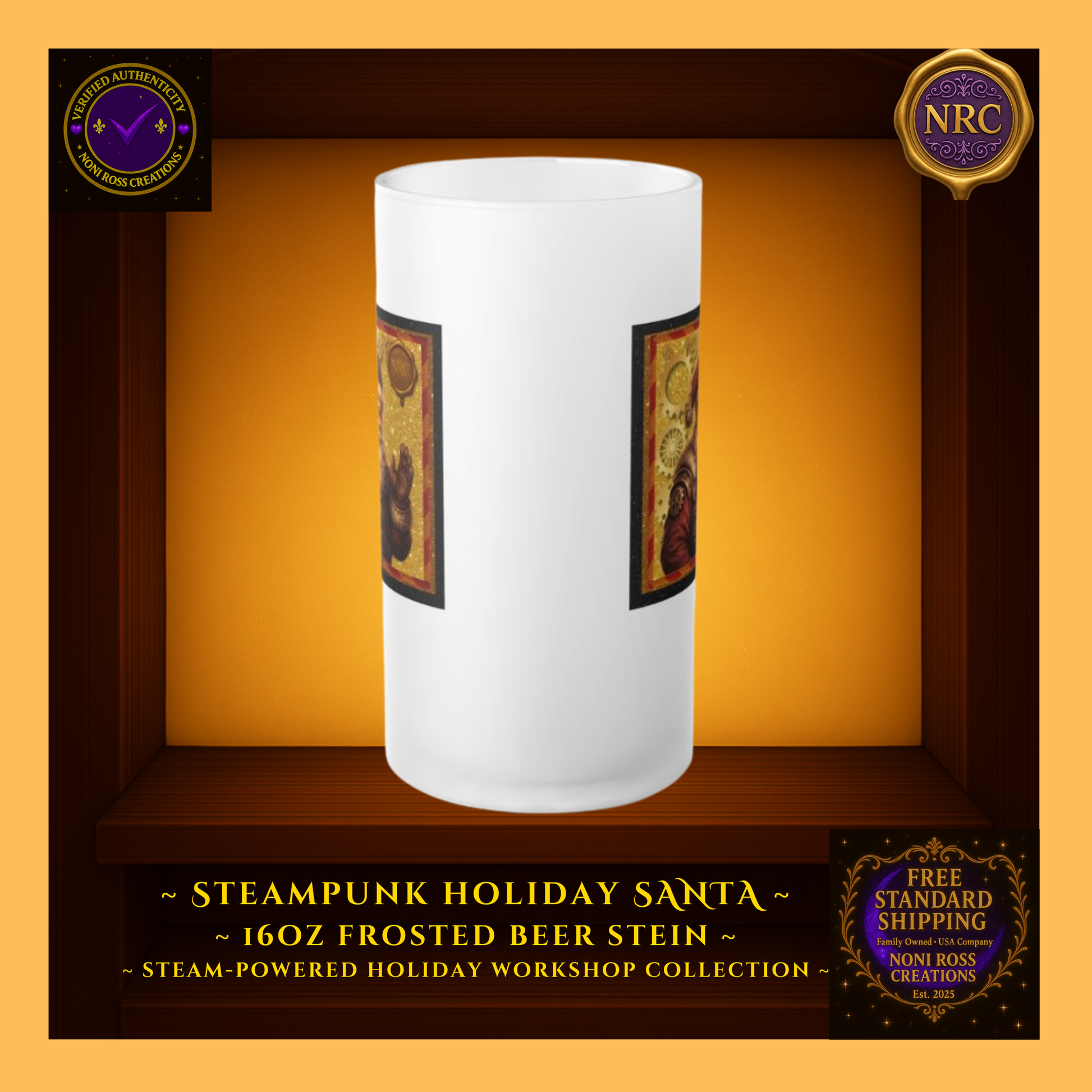 Back view of Santa frosted beer stein displaying the soft frosted glass surface and wraparound holiday design