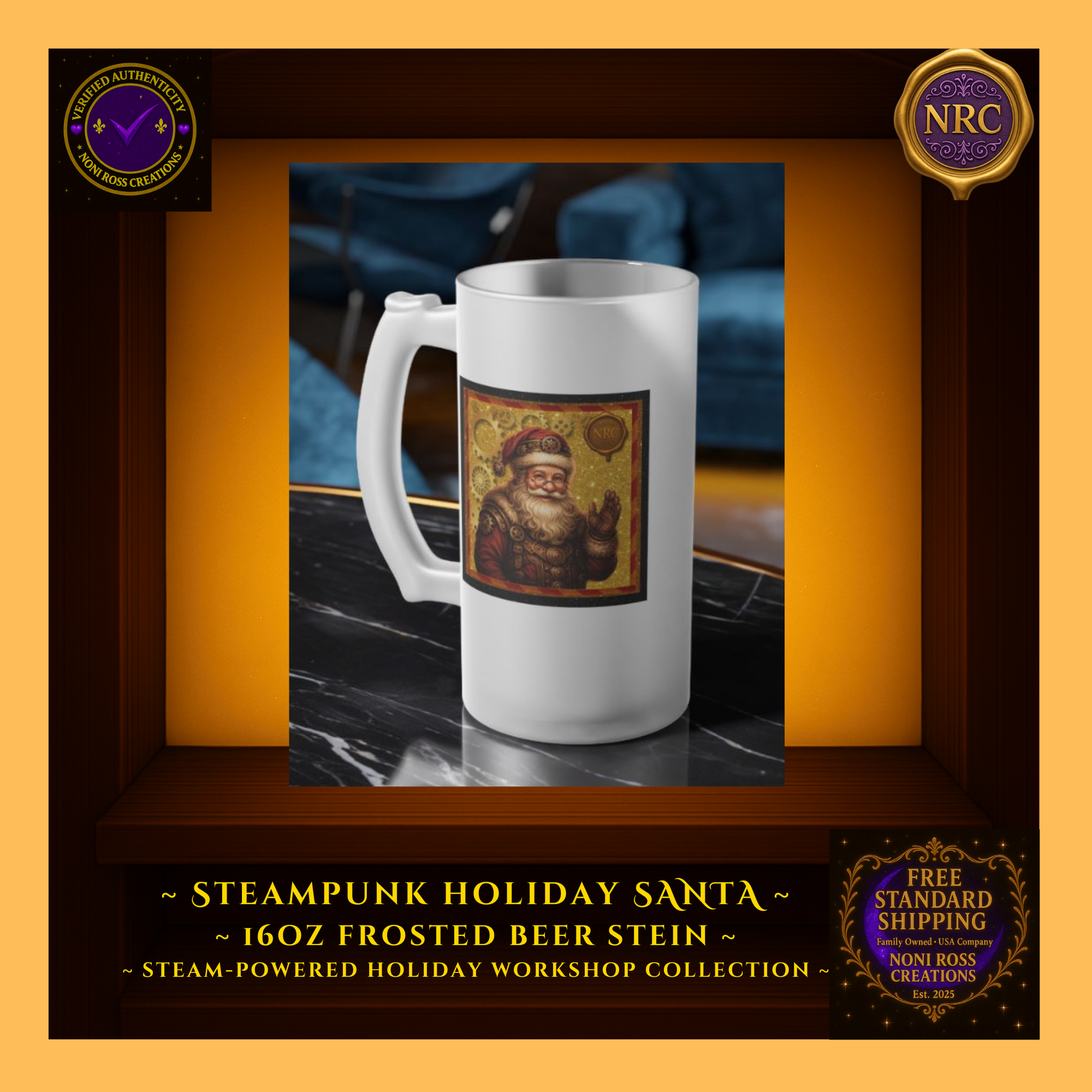 Close-up detail of steampunk Santa artwork on the frosted beer stein with visible gears, trim, and glowing gold accents