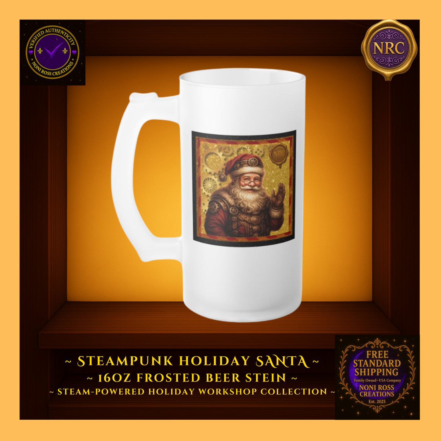 Left-side view of frosted beer stein showing Santa artwork wrap and brass cog motif on matte frost finish.