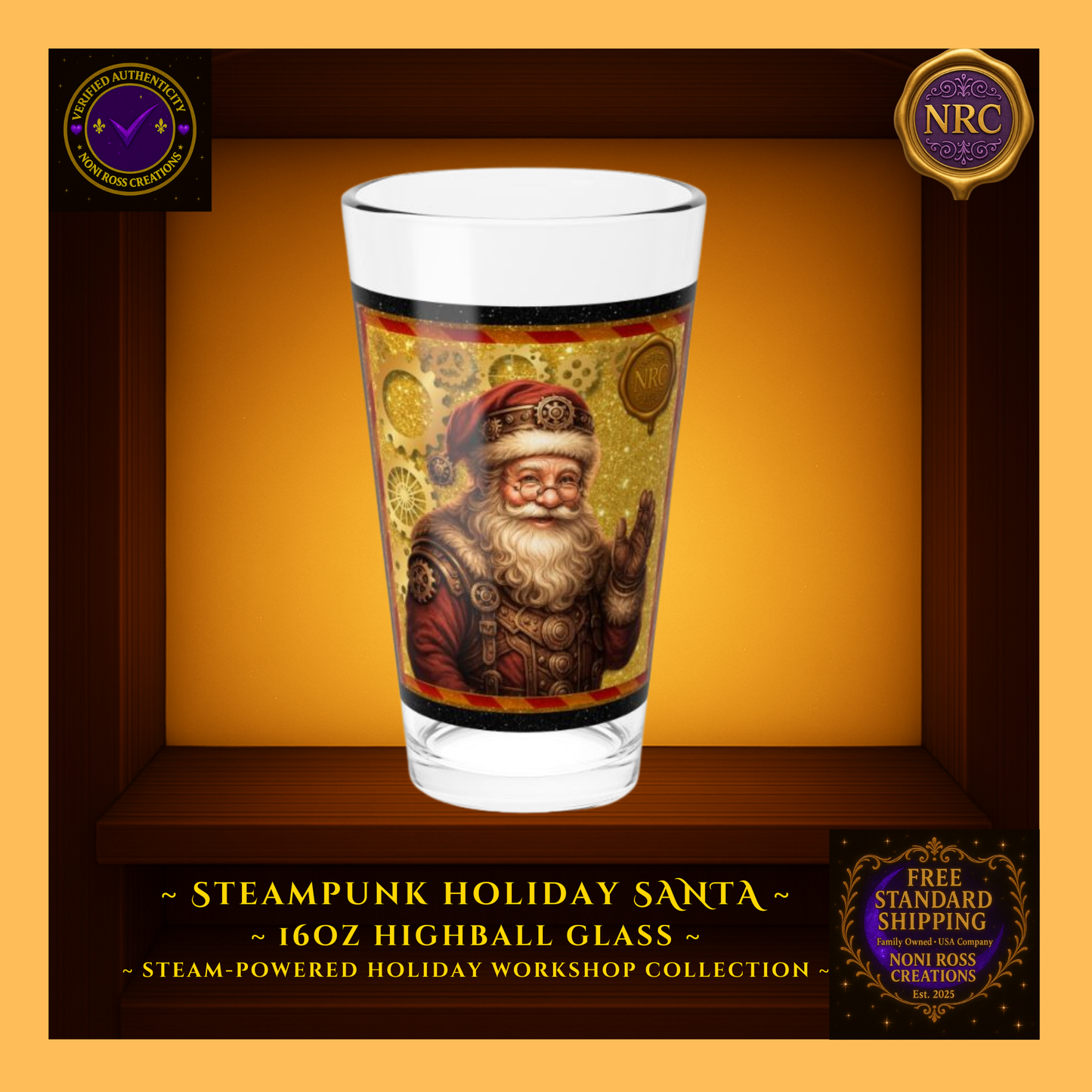 Steampunk Santa 16oz highball glass with gold gear accents and vintage holiday design by Noni Ross Creations.