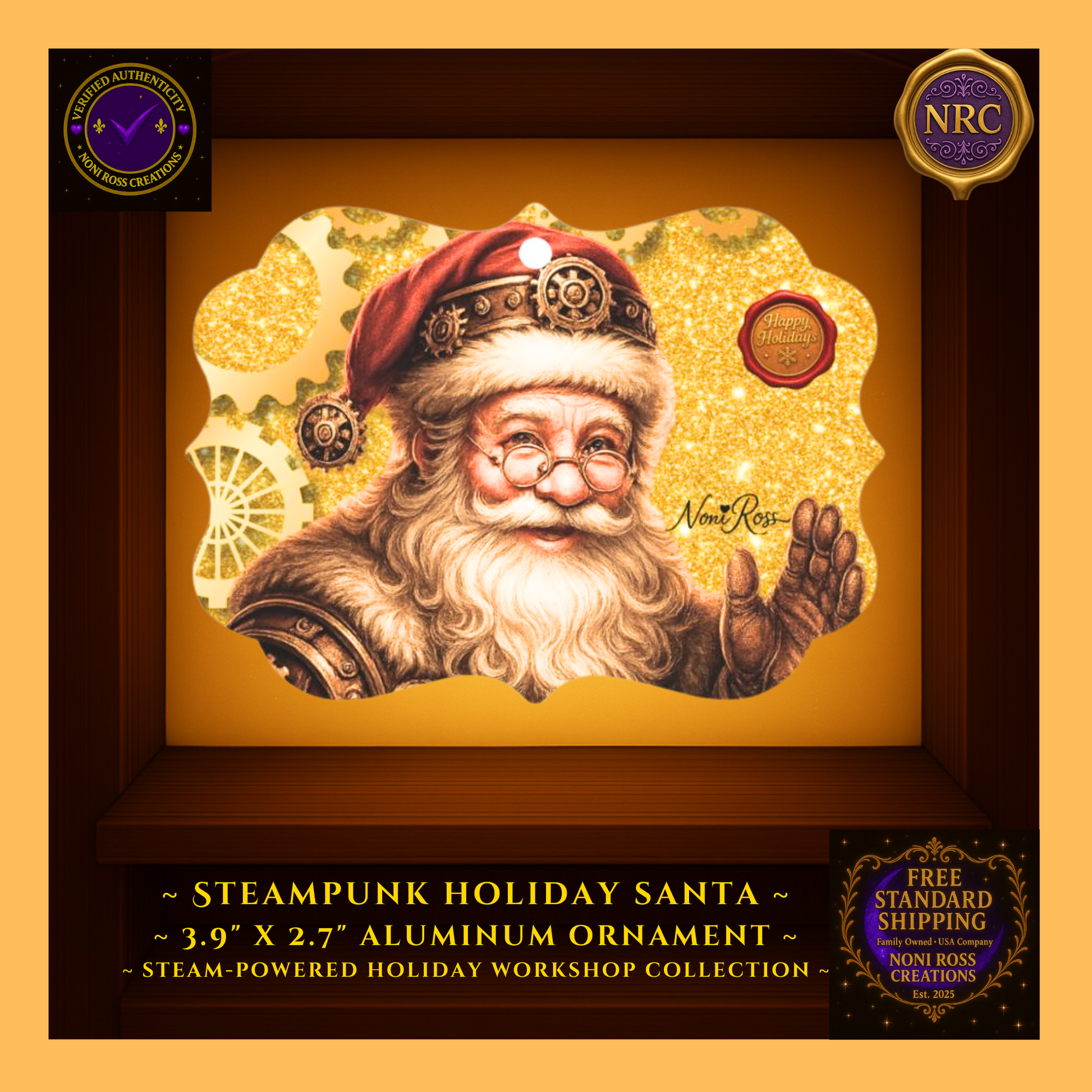 Back view of Santa metal ornament showing smooth aluminum finish and hanging ribbon; lightweight, durable, ready to hang.