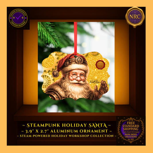 Santa steampunk ornament styled with garland and cocoa mug; cozy holiday scene highlighting collectible keepsake charm.