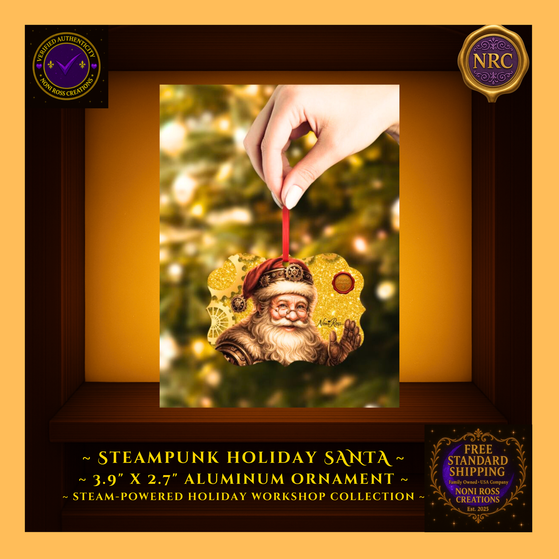 Santa steampunk ornament hanging on a Christmas tree branch with warm lights, showing real-life scale and festive glow.