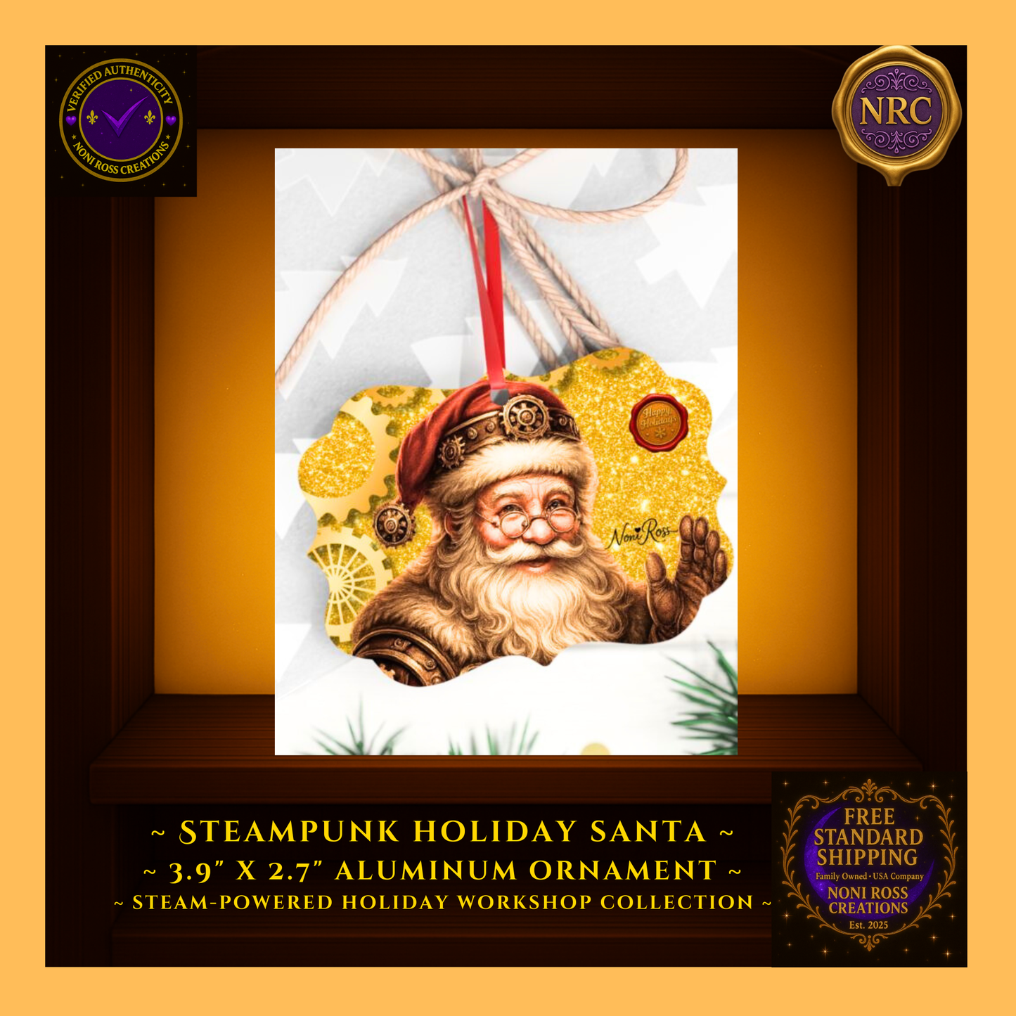 Santa metal ornament shown in hand/near gift box for size; glossy print with gold gear details, gift-ready.