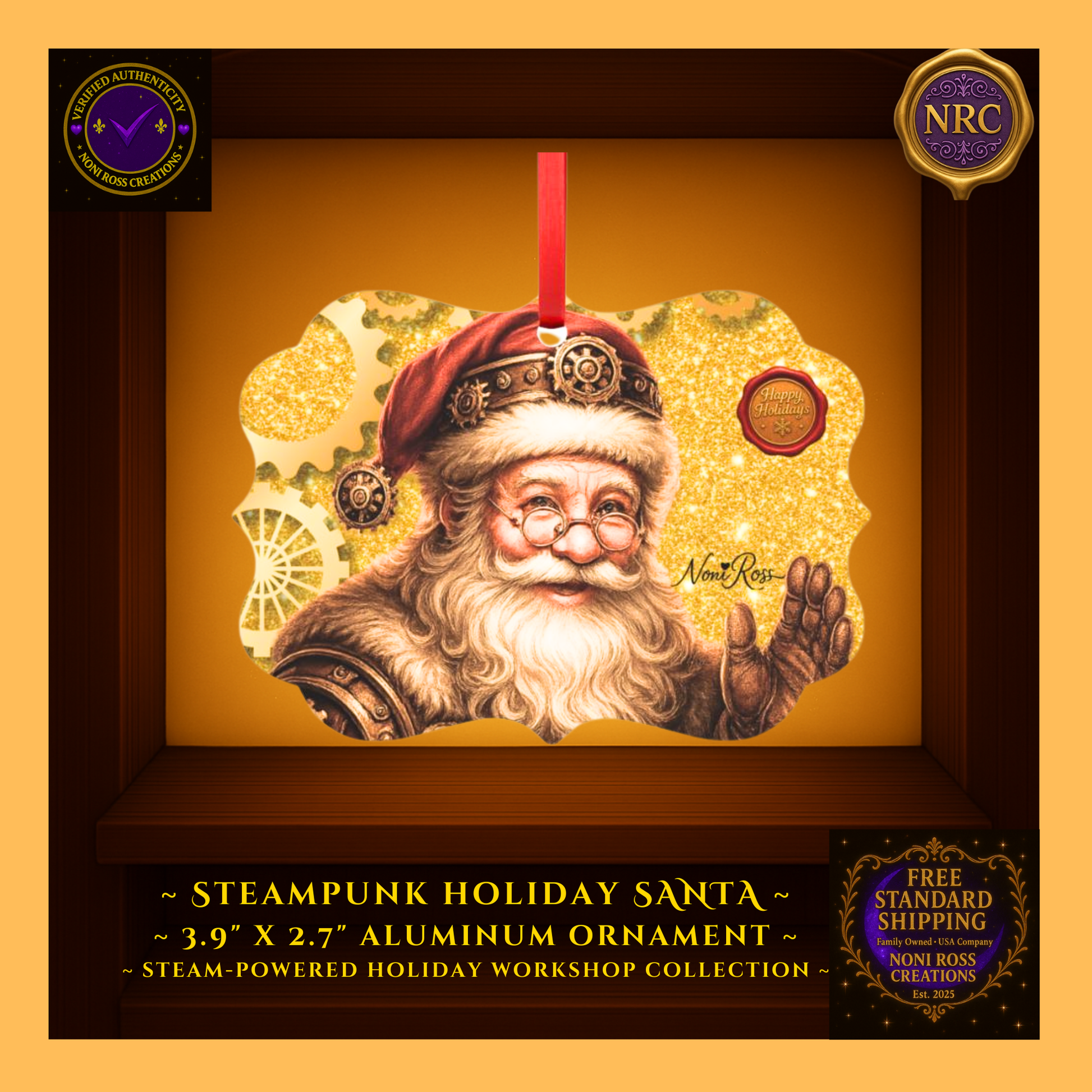 Steampunk Santa metal ornament on glitter backdrop with gold gear accents and red ribbon hanger — Steam-Powered Holiday Workshop by NRC.