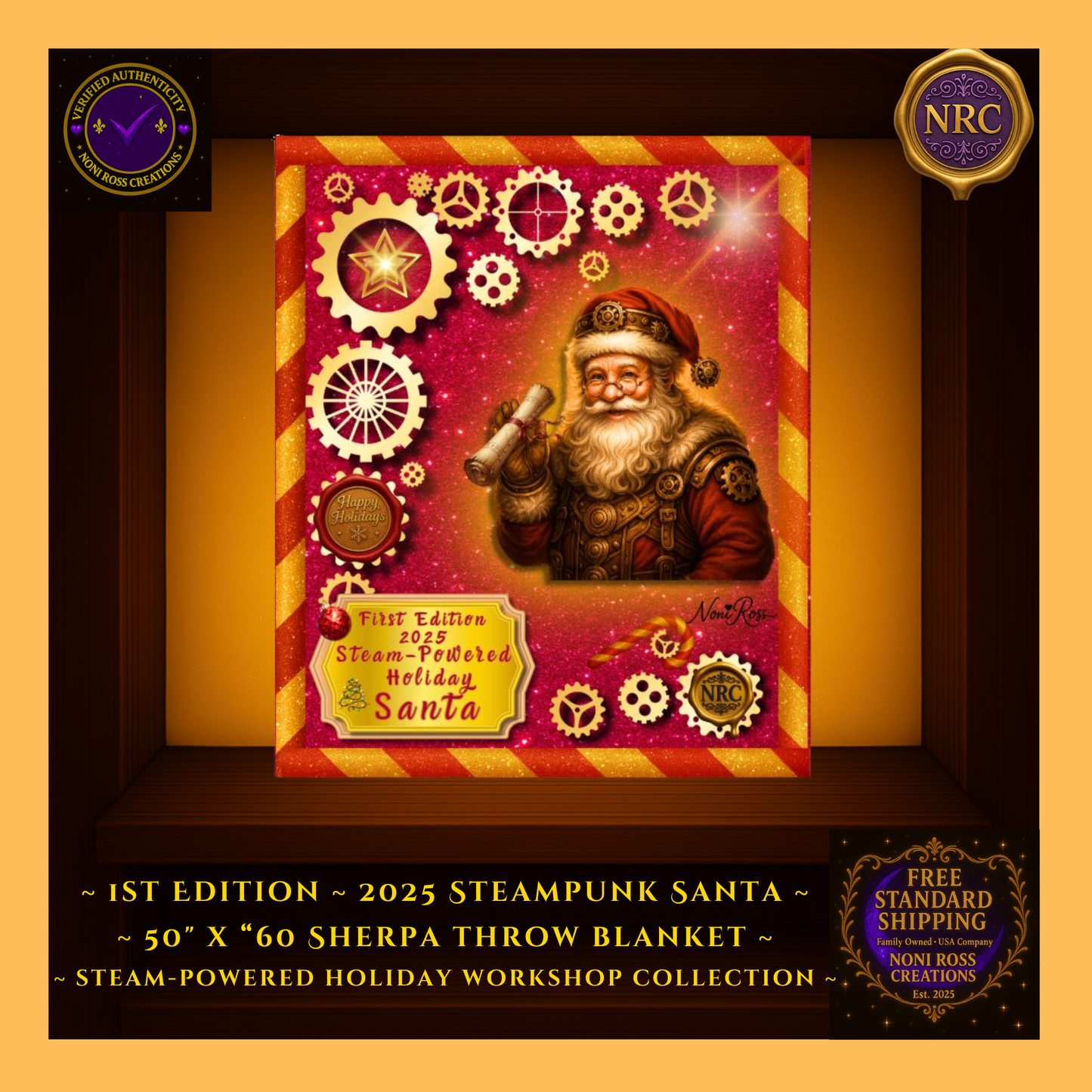Close-up of Steam-Powered Holiday Santa blanket showing detailed golden gears, pink glittery background, and steampunk Santa artwork