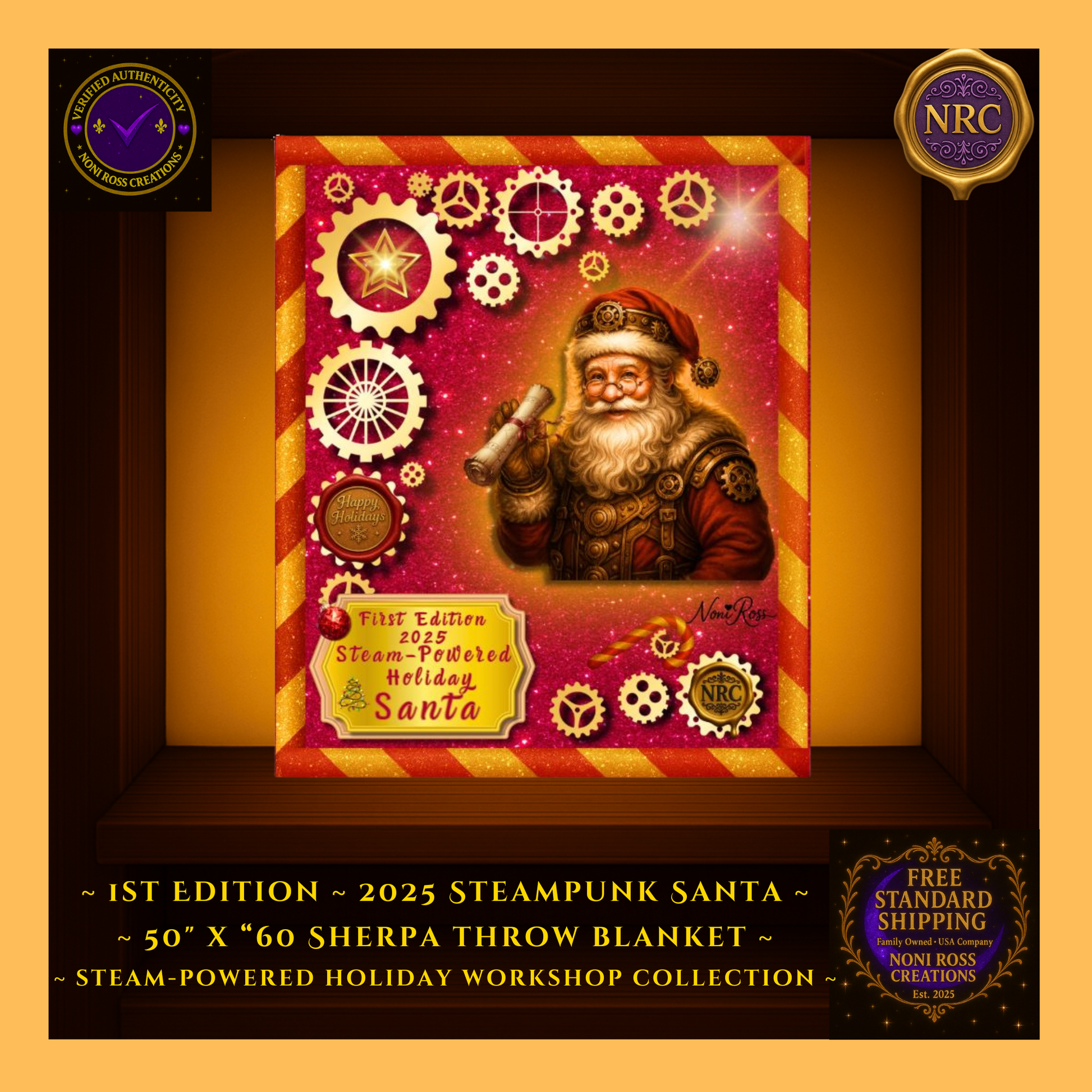 Close-up of Steam-Powered Holiday Santa blanket showing detailed golden gears, pink glittery background, and steampunk Santa artwork