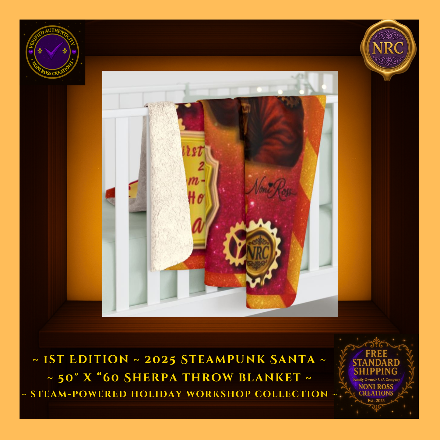 Steam-Powered Holiday Santa 50x60 blanket draped over crib, showing bright festive gears, Santa art, and holiday sparkle