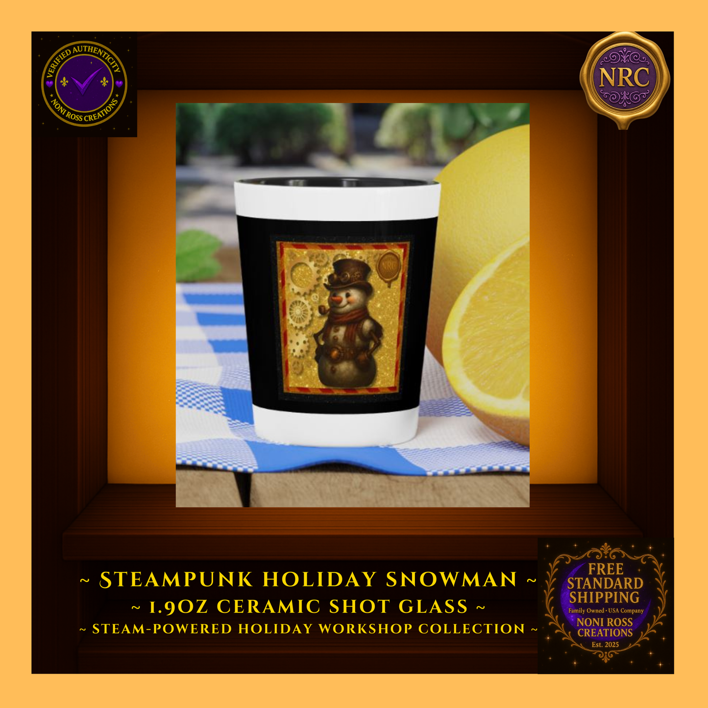 1.9oz Snowman ceramic shot glass in hand near the Christmas tree, showing real-life scale and gift-ready vibe.