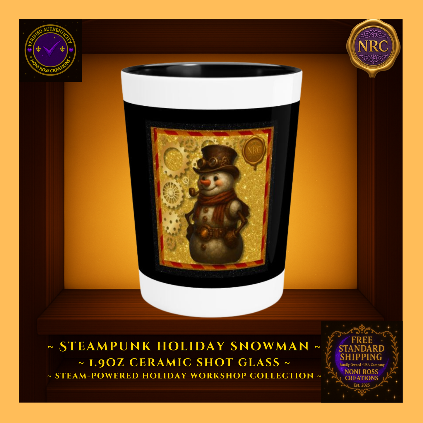 Steampunk Snowman 1.9oz ceramic shot glass with top hat, carrot nose, and gold gear accents — Noni Ross Creations.