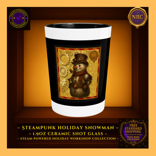 Steampunk Snowman 1.9oz ceramic shot glass with top hat, carrot nose, and gold gear accents — Noni Ross Creations.