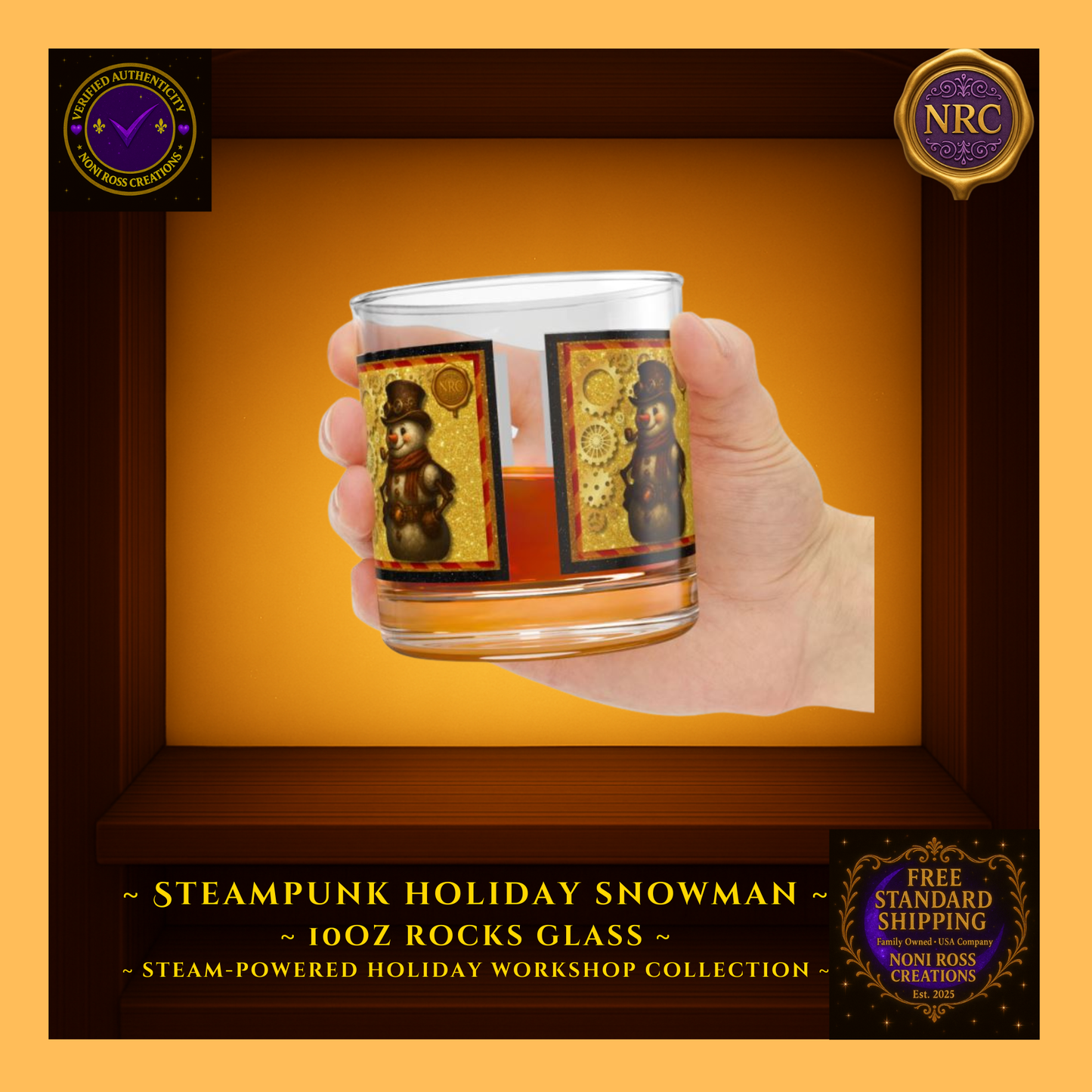 Snowman rocks glass on a holiday bar tray with ornaments and twinkle lights—festive party scene.