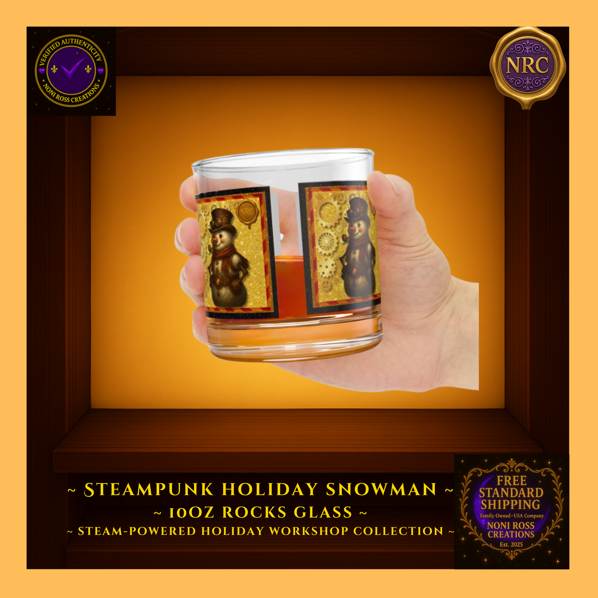 Snowman rocks glass on a holiday bar tray with ornaments and twinkle lights—festive party scene.