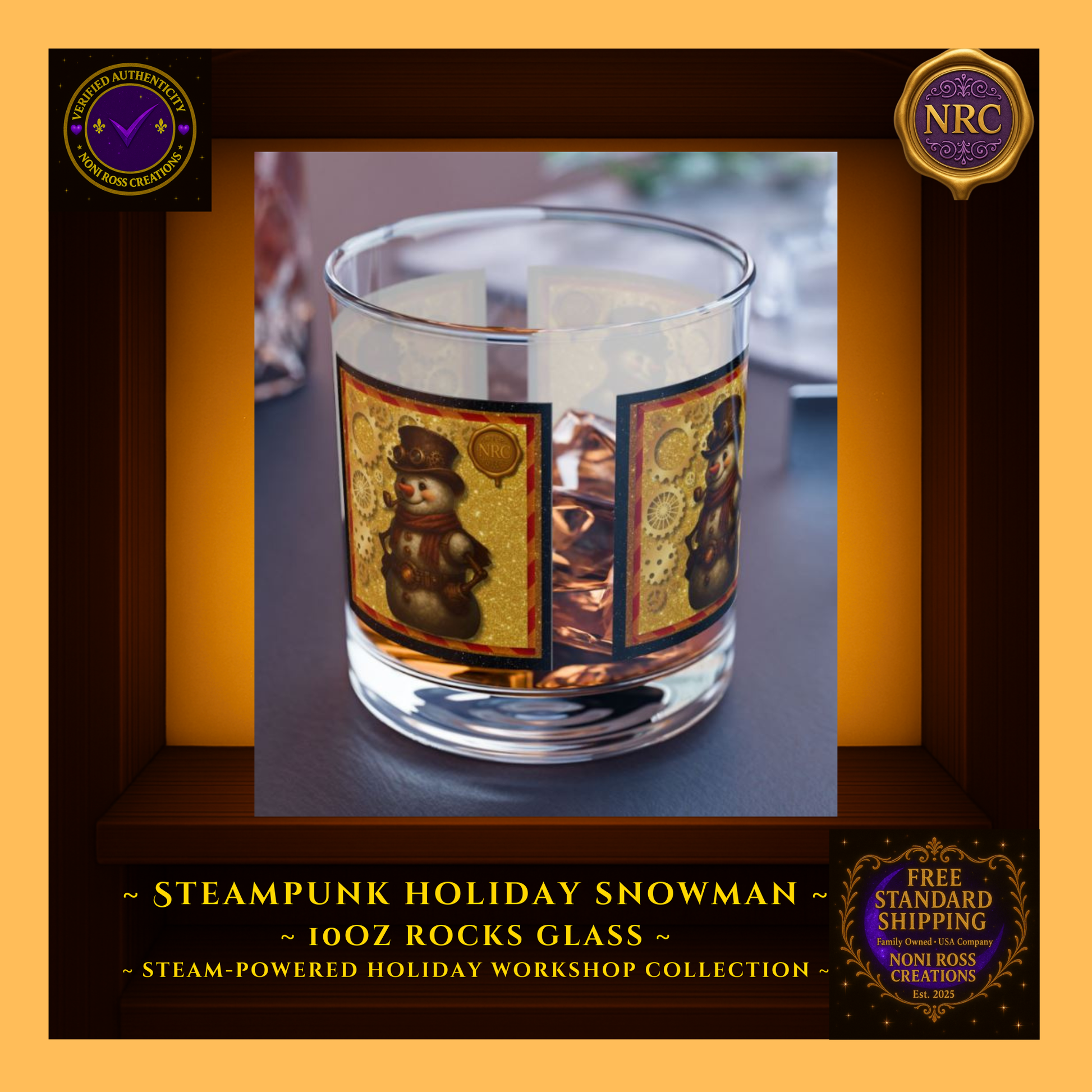 10oz Snowman rocks glass held in hand near Christmas tree lights, showing real-life scale and warm seasonal glow.