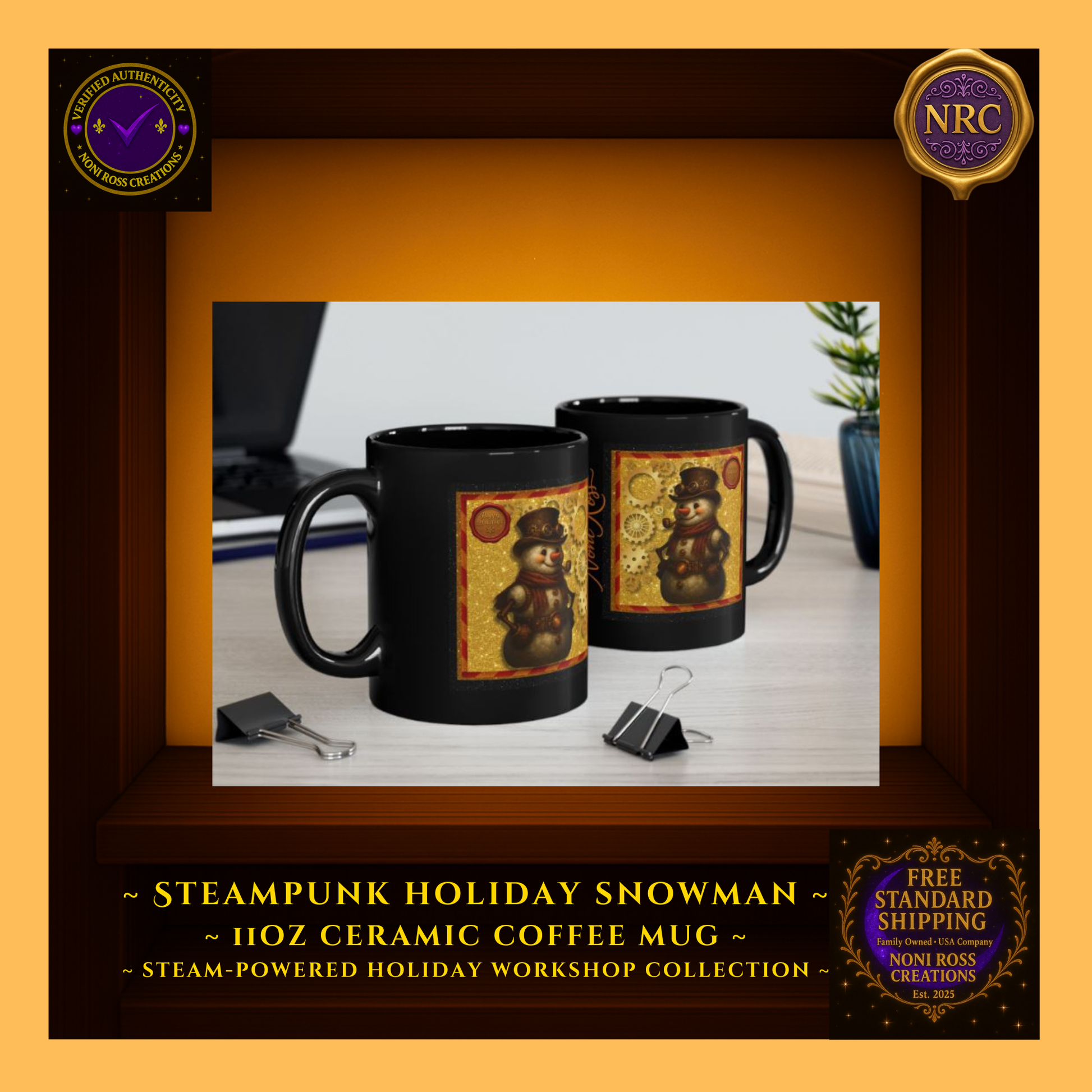 11oz Snowman coffee mug held in hand near Christmas tree lights, showing real-life scale and warm seasonal glow.