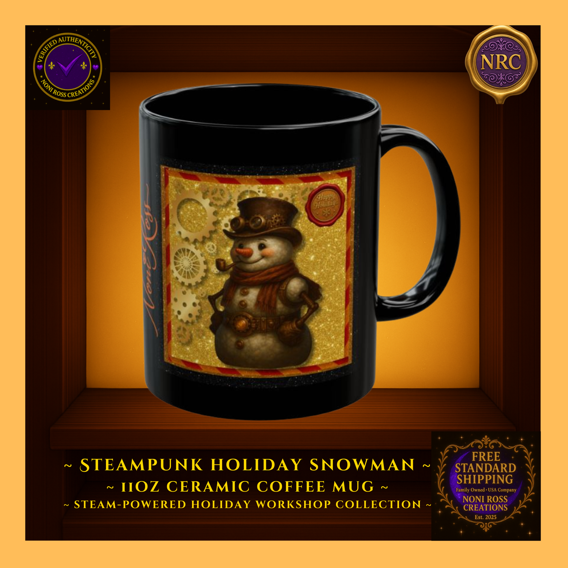 Steampunk Snowman 11oz black ceramic mug with top hat, carrot nose, and gold gear accents — Noni Ross Creations holiday design.